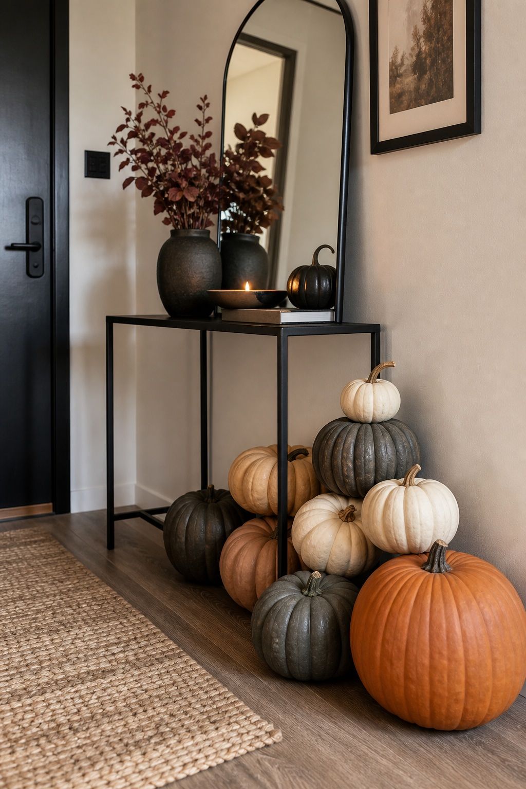 Set Out a Cluster of Tonal Pumpkins small apartment idea for Top 17 Halloween Entryway Decor Ideas for Apartments.