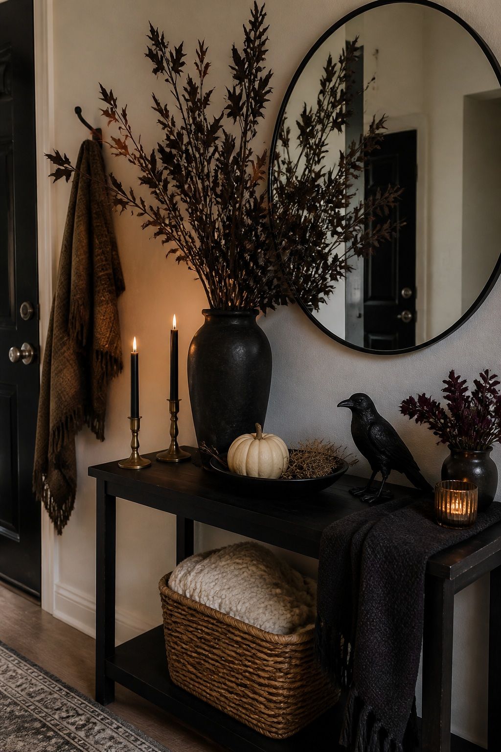 Add Dark Florals or Dried Branches for Height small apartment idea for Top 17 Halloween Entryway Decor Ideas for Apartments.