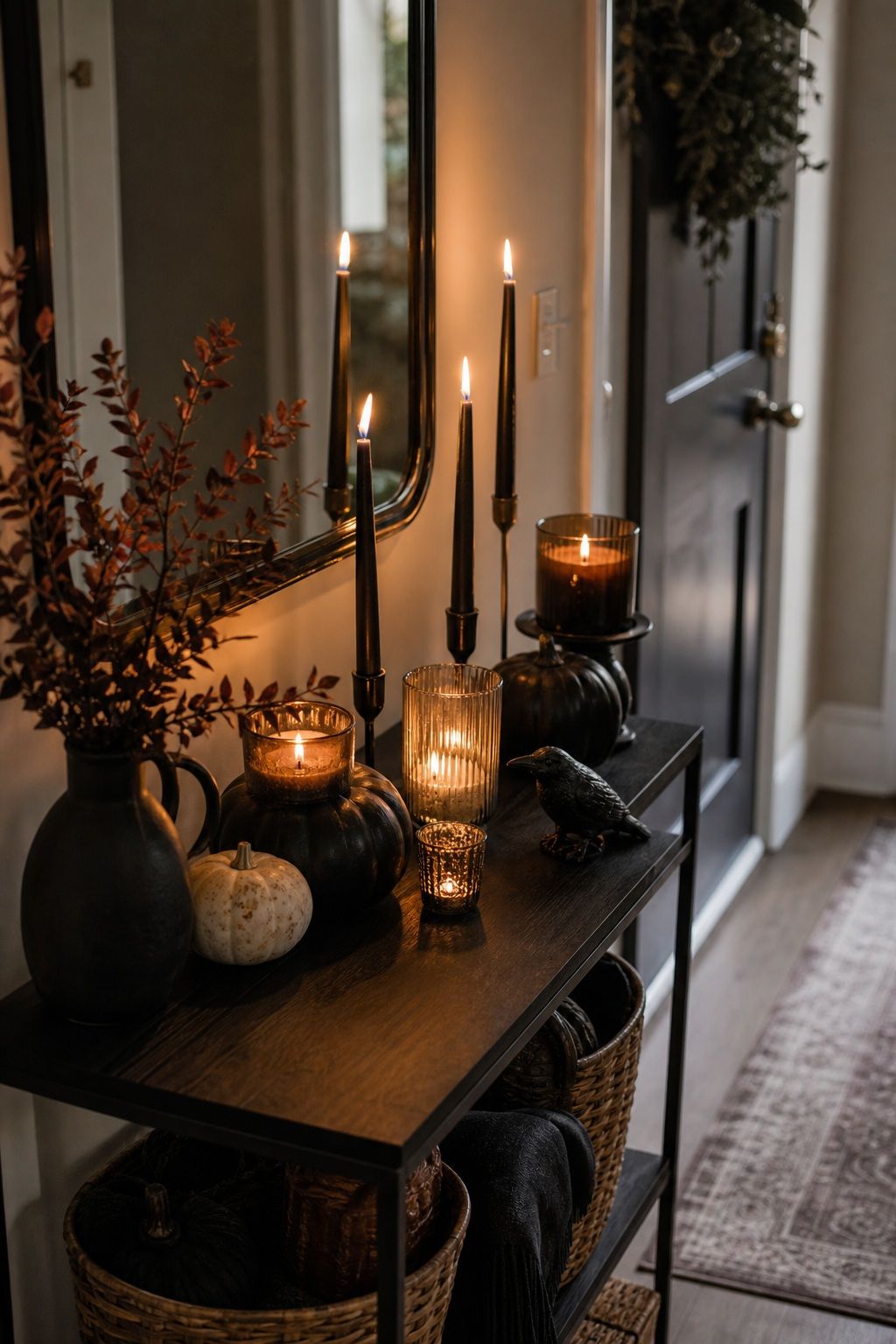 Light the Vignette With Candles at Staggered Heights small apartment idea for Top 17 Halloween Entryway Decor Ideas for Apartments.