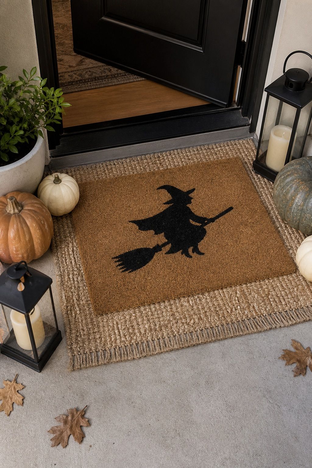 Layer a Doormat in a Simple Silhouette small apartment idea for Top 17 Halloween Entryway Decor Ideas for Apartments.