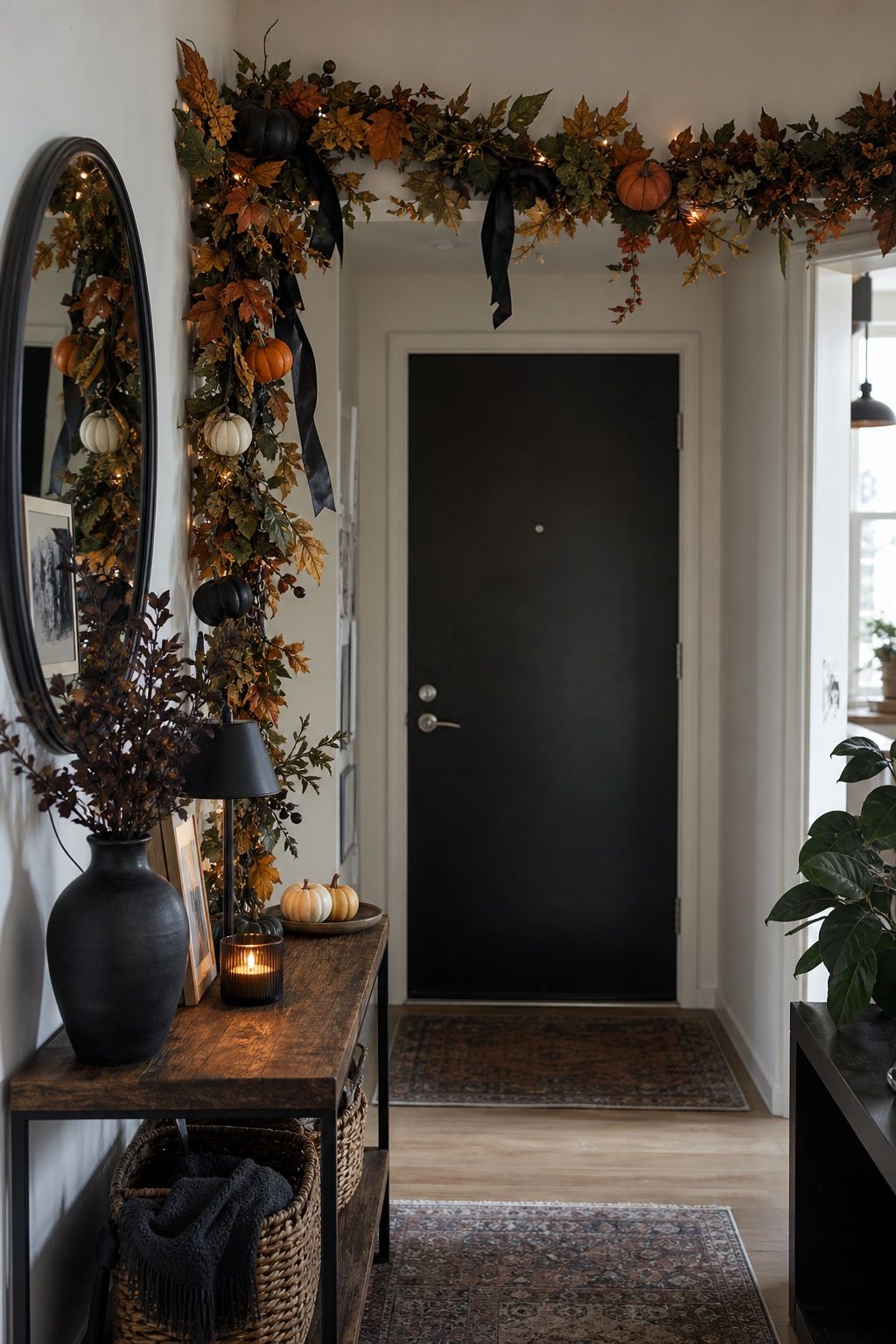 Add a Trailing Garland Above the Door or Console small apartment idea for Top 17 Halloween Entryway Decor Ideas for Apartments.