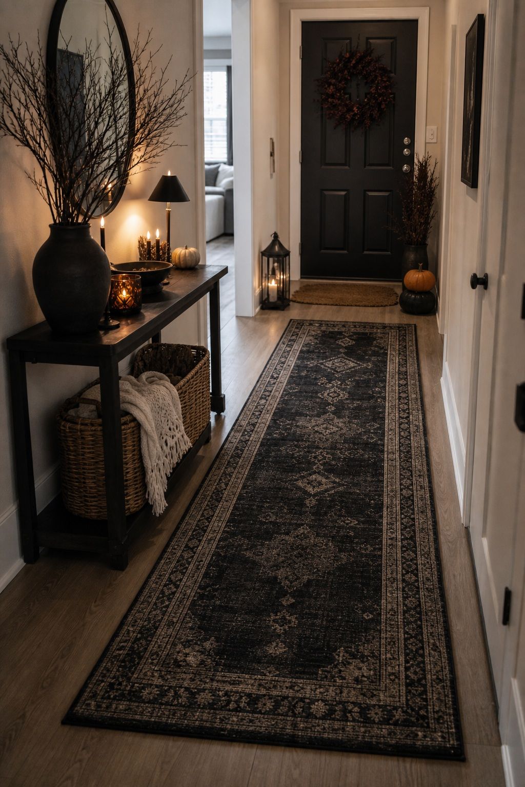 Style the Floor With a Moody Runner or Rug small apartment idea for Top 17 Halloween Entryway Decor Ideas for Apartments.