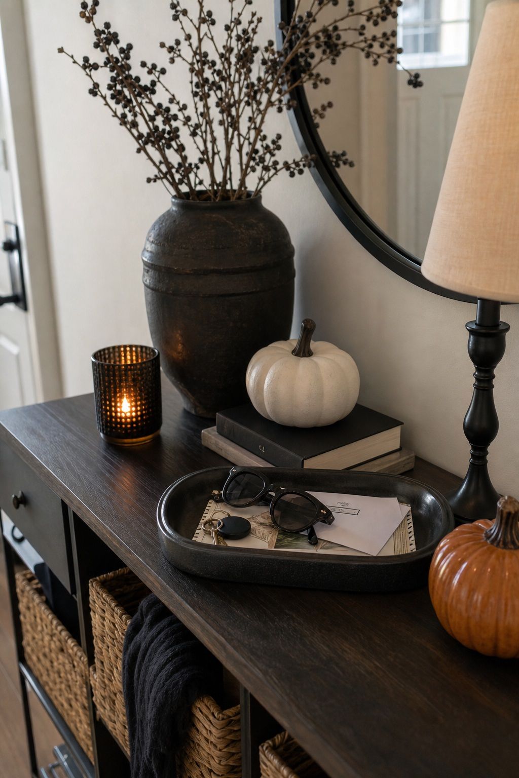 Use a Catch-All Tray to Keep the Vignette Functional small apartment idea for Top 17 Halloween Entryway Decor Ideas for Apartments.