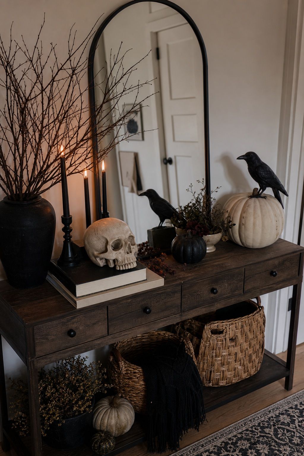 Tuck in a Few Sculptural Skulls or Crows small apartment idea for Top 17 Halloween Entryway Decor Ideas for Apartments.