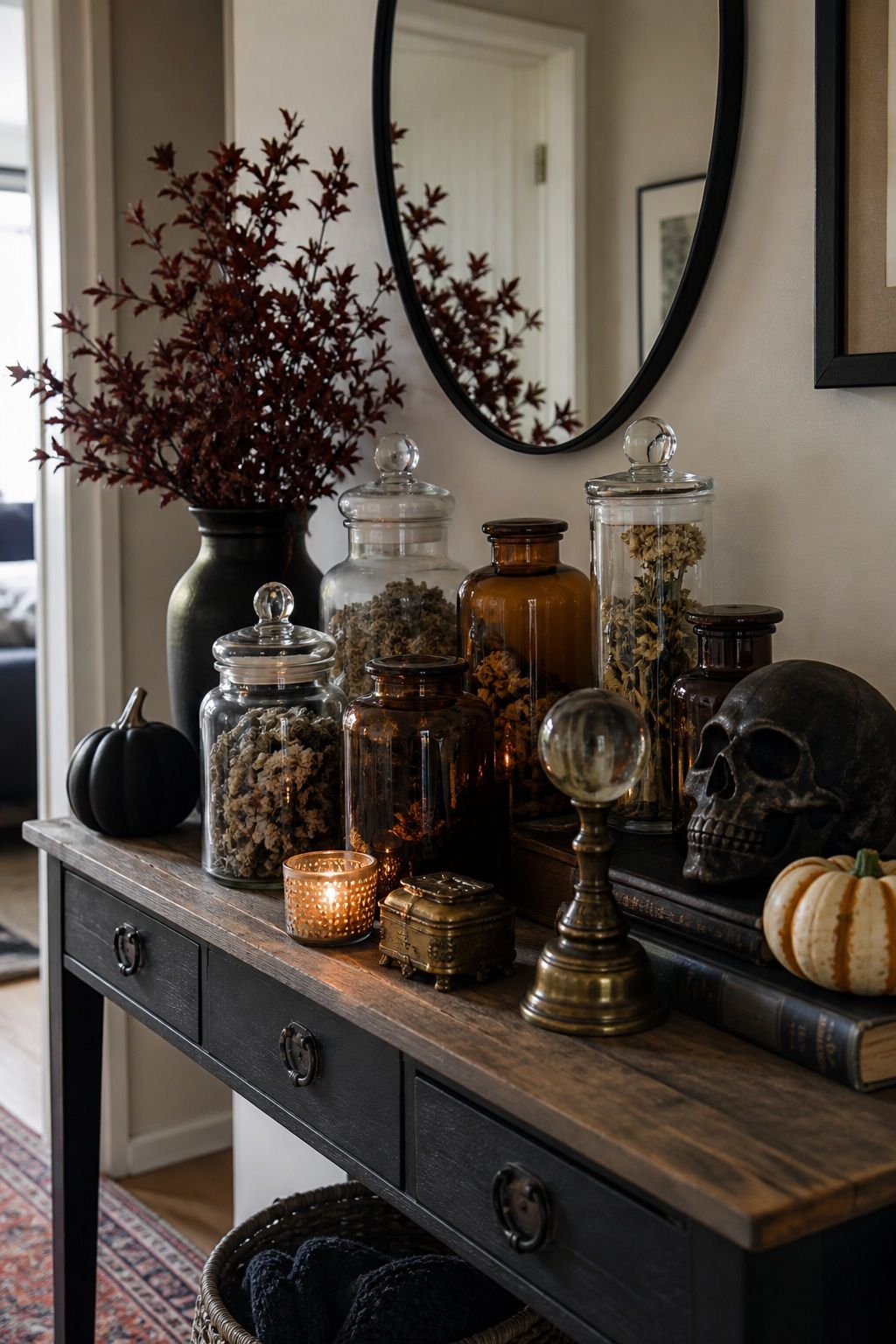 Style With Apothecary Jars and Curious Objects small apartment idea for Top 17 Halloween Entryway Decor Ideas for Apartments.