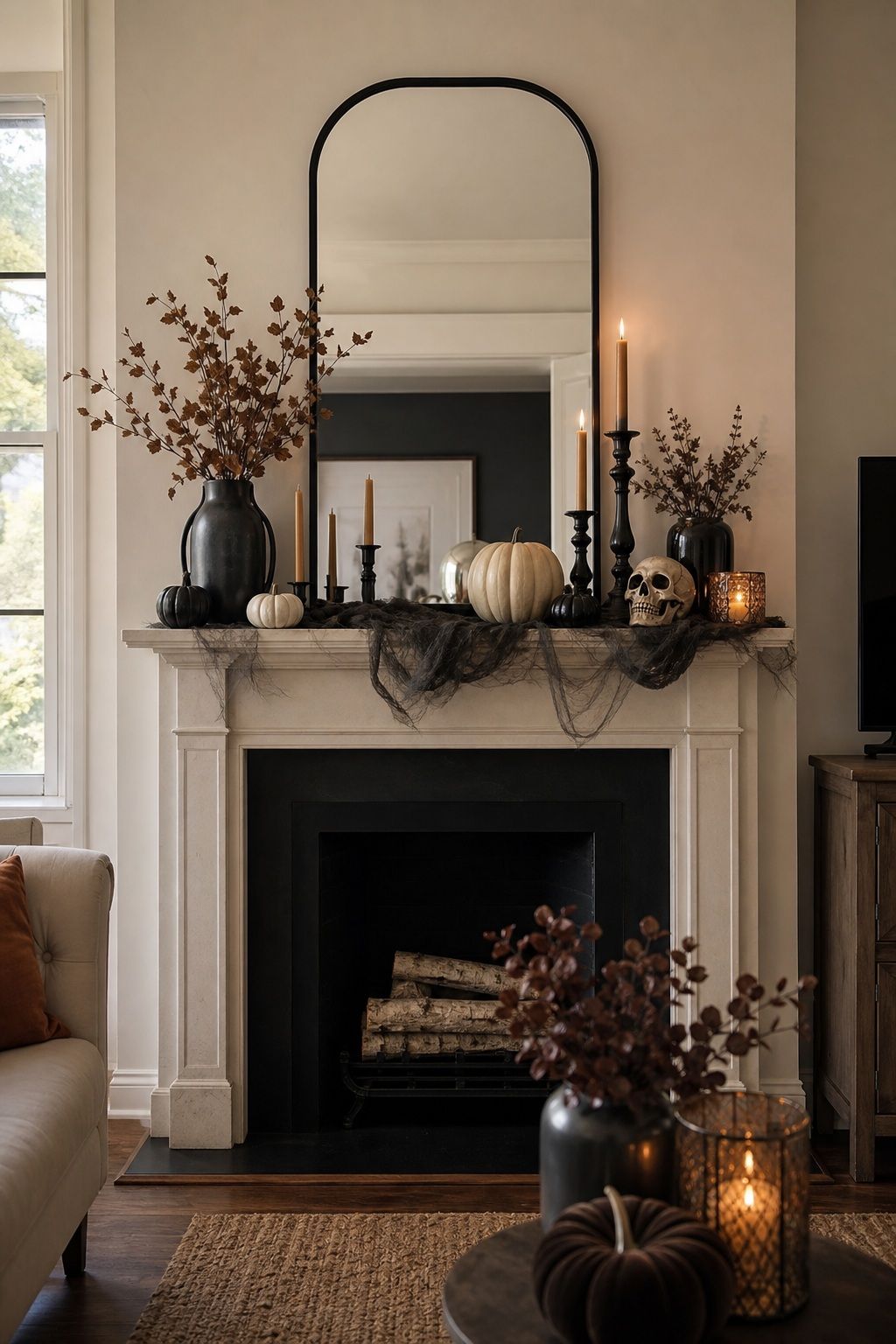 Start With a Backdrop: Mirror or Framed Art small apartment idea for Top 16 Halloween Fireplace Decor Ideas for Small Spaces.
