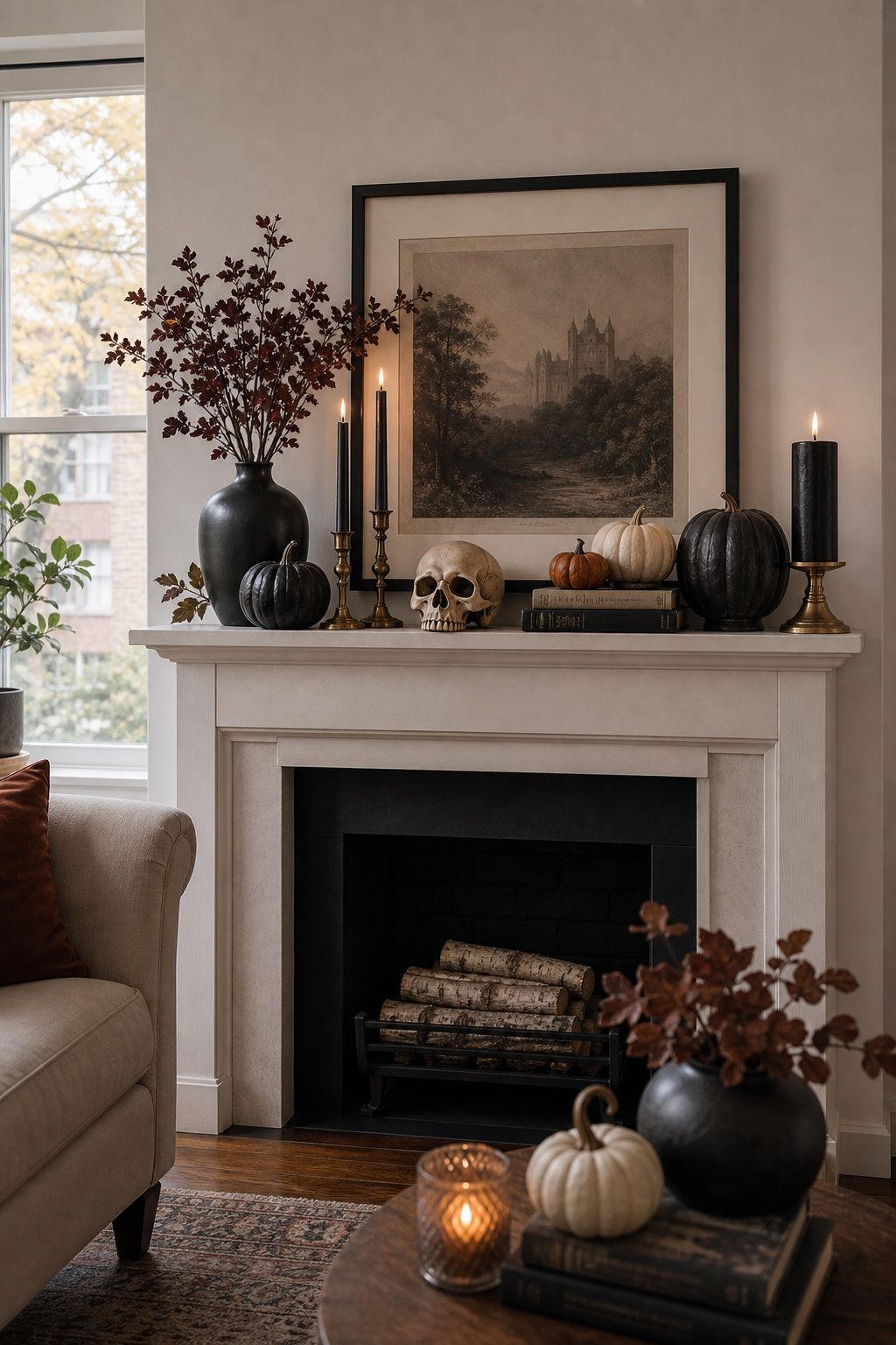Group Everything in Odd Numbers small apartment idea for Top 16 Halloween Fireplace Decor Ideas for Small Spaces.