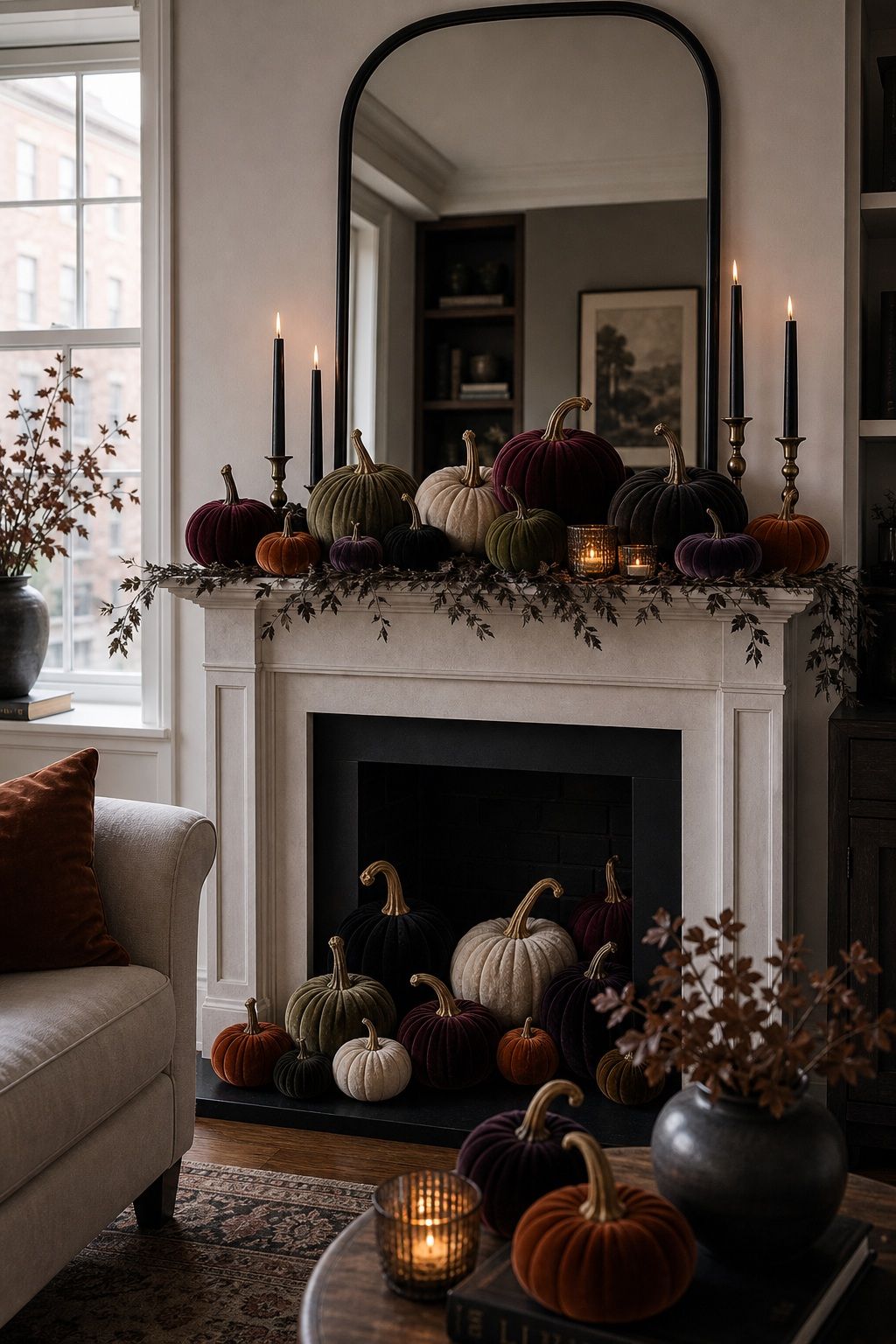 Scatter Velvet Pumpkins in Elegant Shades small apartment idea for Top 16 Halloween Fireplace Decor Ideas for Small Spaces.