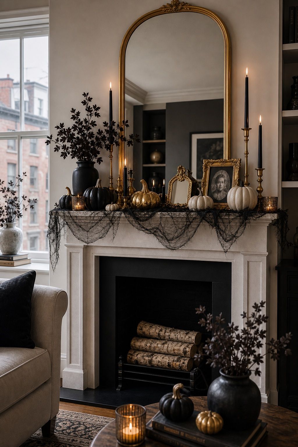 Add Gold or Gilded Accents for Glam Contrast small apartment idea for Top 16 Halloween Fireplace Decor Ideas for Small Spaces.