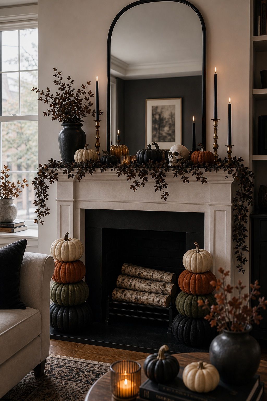 Frame the Hearth With Stacked Pumpkins small apartment idea for Top 16 Halloween Fireplace Decor Ideas for Small Spaces.