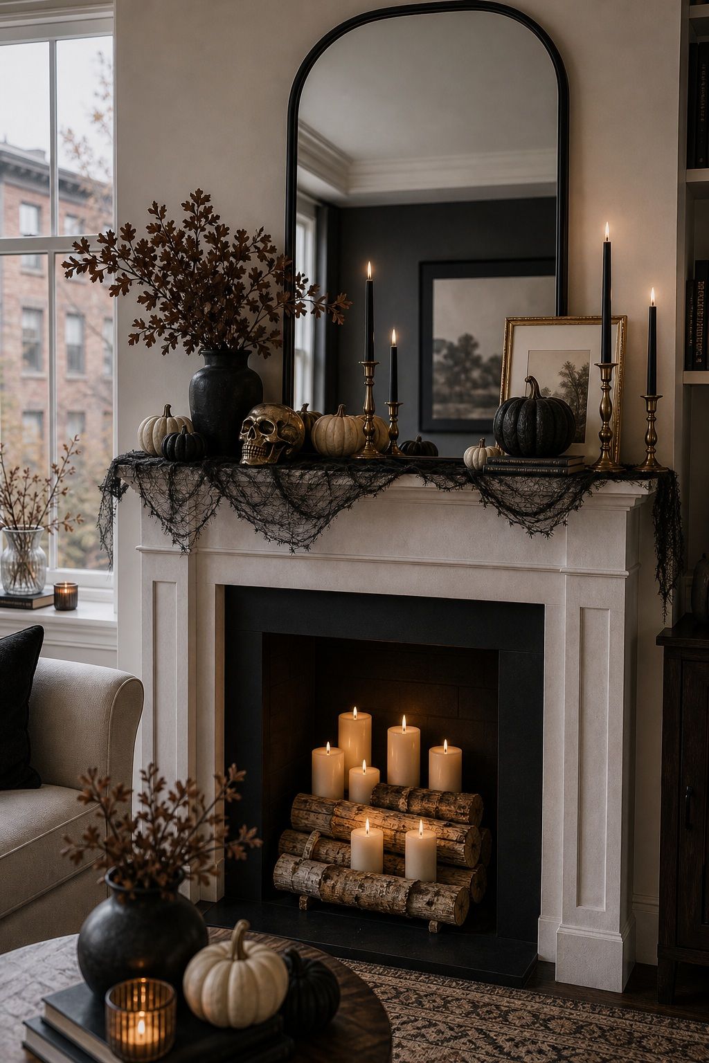Fill an Unused Firebox With Candles or Logs small apartment idea for Top 16 Halloween Fireplace Decor Ideas for Small Spaces.