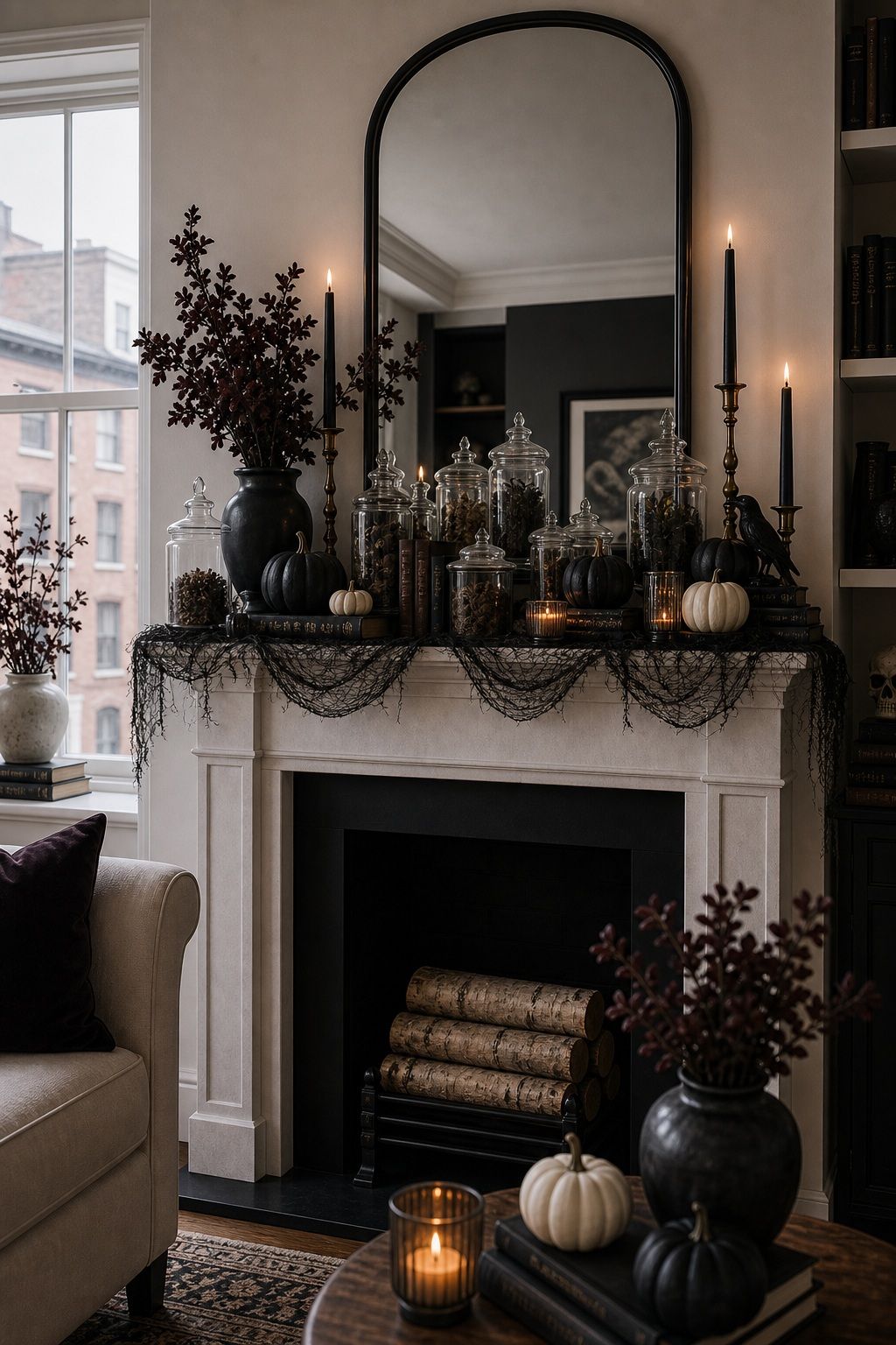 Style With Apothecary Jars and Dark Books small apartment idea for Top 16 Halloween Fireplace Decor Ideas for Small Spaces.