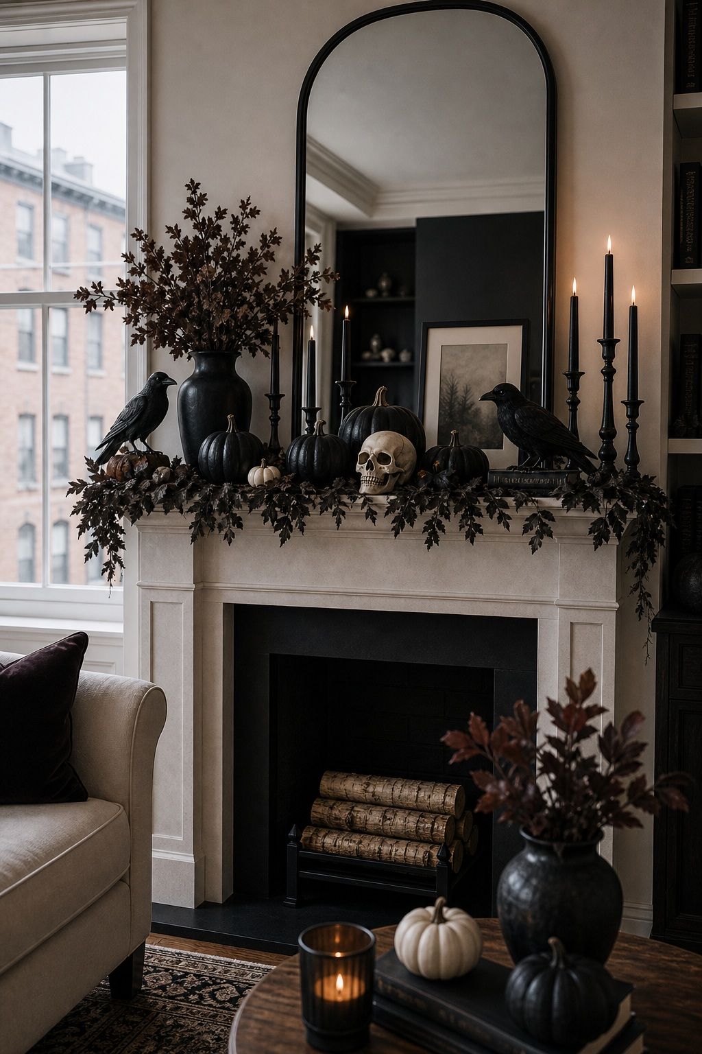 Add Sculptural Crows, Skulls, and Ravens small apartment idea for Top 16 Halloween Fireplace Decor Ideas for Small Spaces.