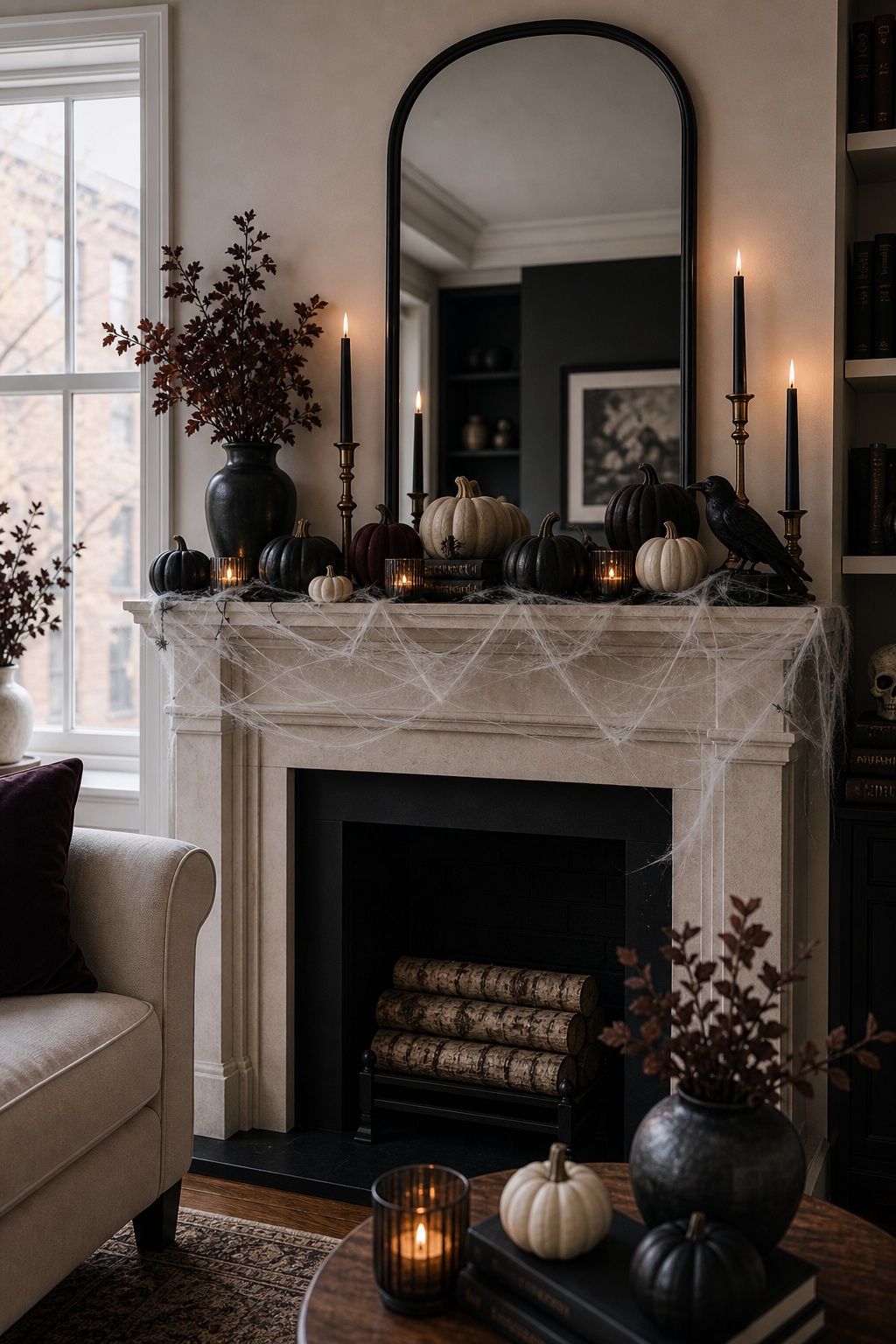 Drape Faux Cobwebs With a Light Hand small apartment idea for Top 16 Halloween Fireplace Decor Ideas for Small Spaces.