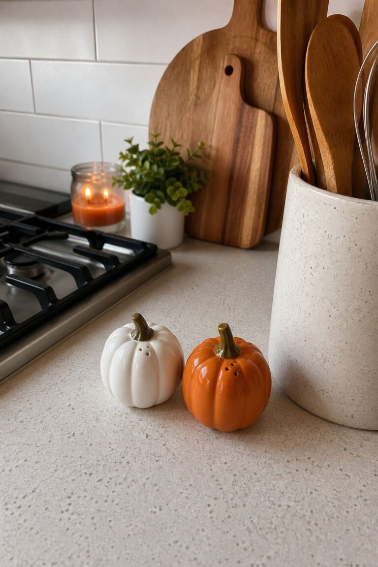 Add Pumpkin-Shaped Salt and Pepper Shakers small apartment idea for Top 19 Halloween Kitchen Decor Ideas for Small Apartments.