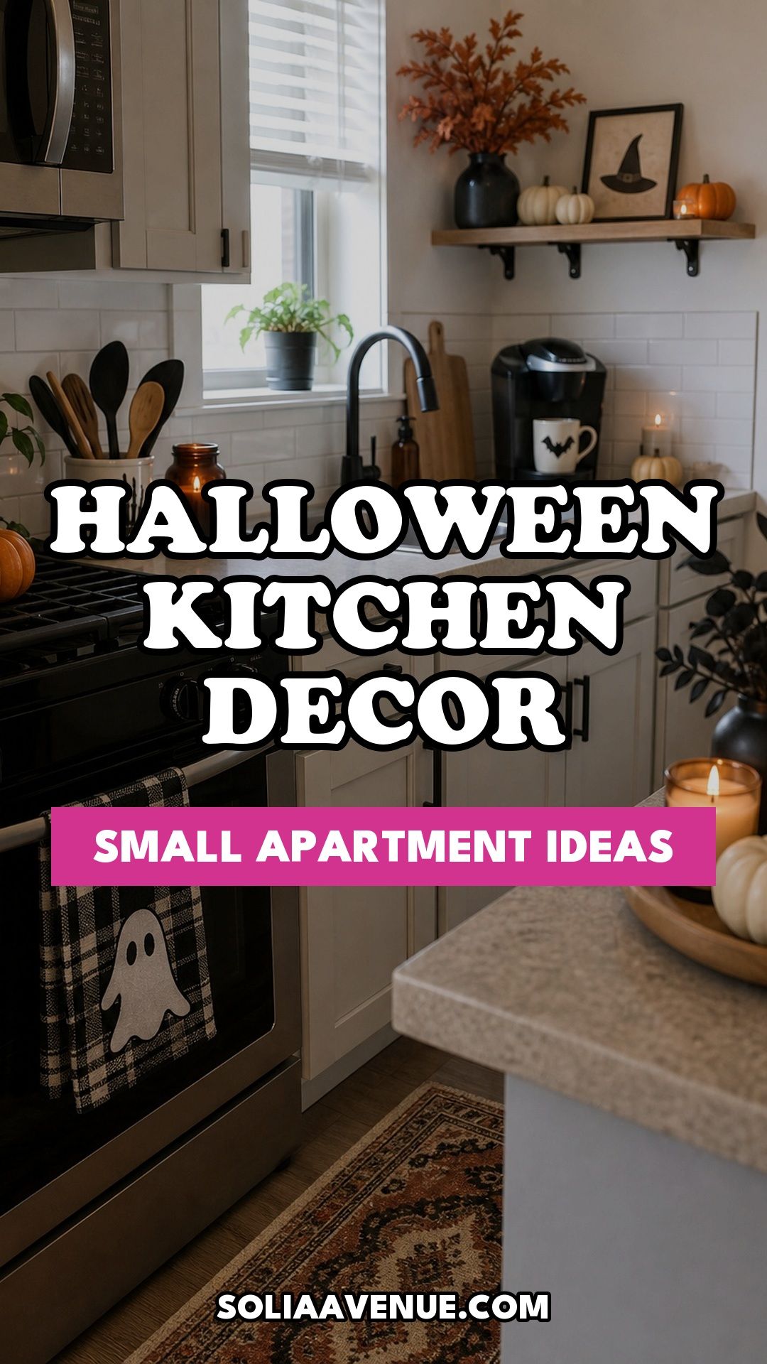 Pinterest pin for Top 19 Halloween Kitchen Decor Ideas for Small Apartments from Solia Avenue.