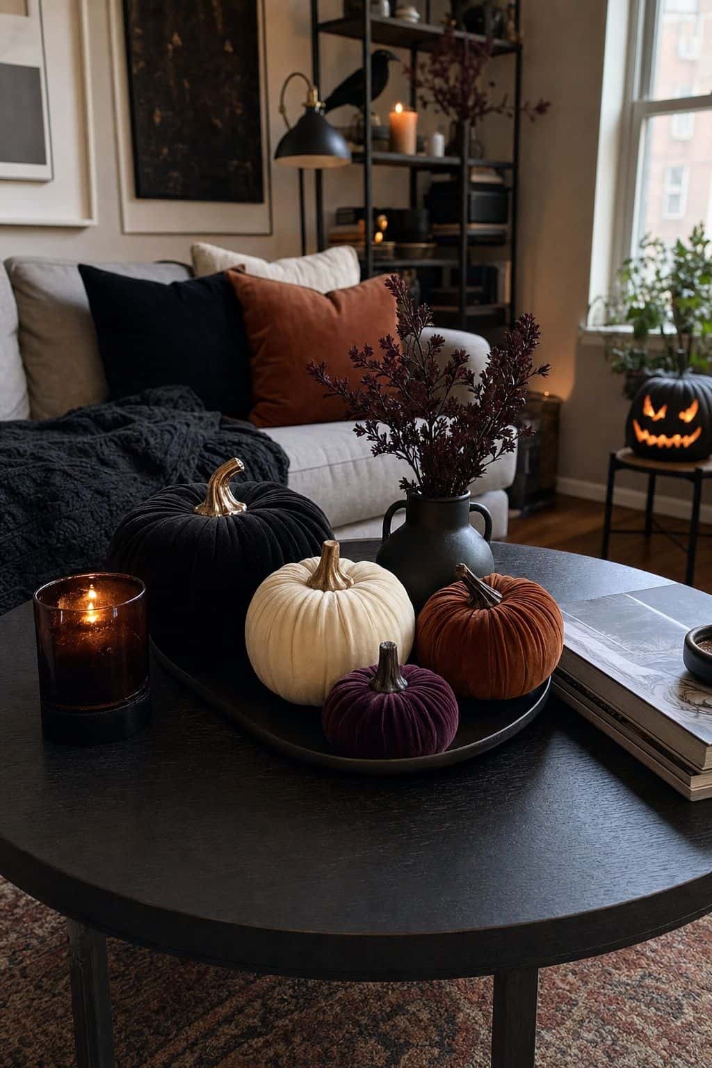Style Velvet Pumpkins on the Coffee Table small apartment idea for Top 20 Halloween Living Room Decor Ideas for Small Apartments.