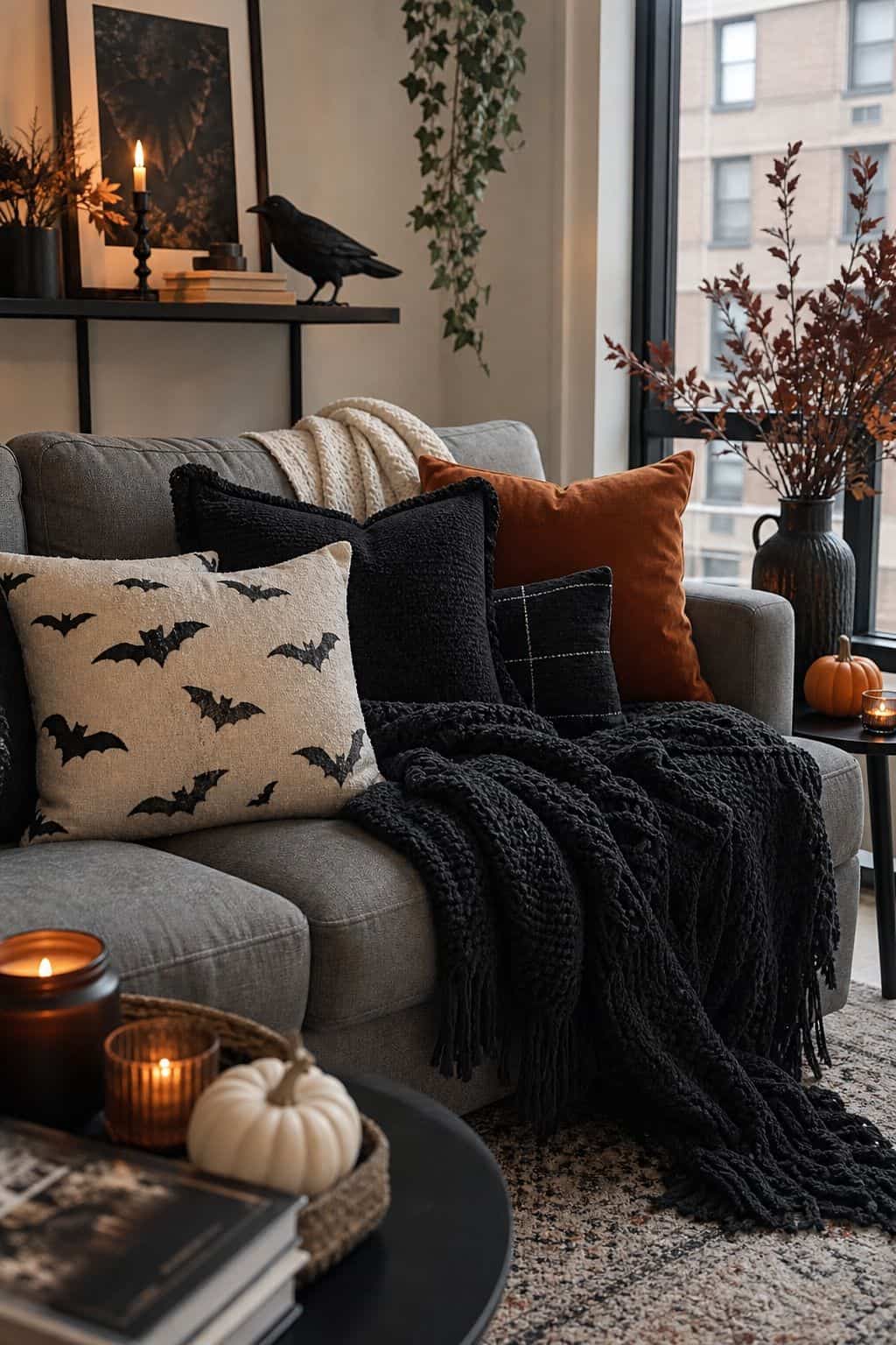 Add Spooky-Themed Throw Pillows and Blankets small apartment idea for Top 20 Halloween Living Room Decor Ideas for Small Apartments.