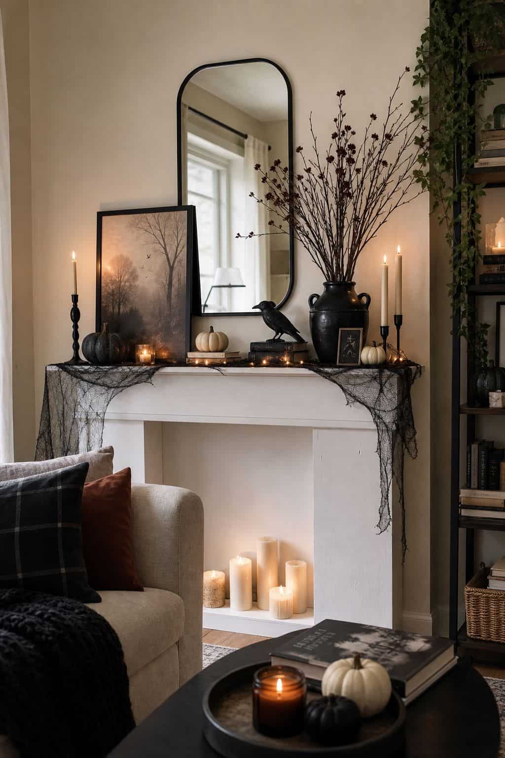 Anchor the Mantel With a Styled Vignette small apartment idea for Top 20 Halloween Living Room Decor Ideas for Small Apartments.