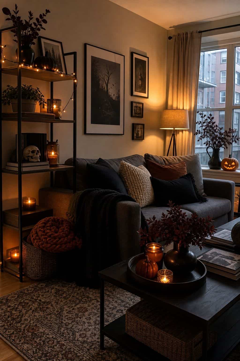 Light the Room Low and Warm small apartment idea for Top 20 Halloween Living Room Decor Ideas for Small Apartments.