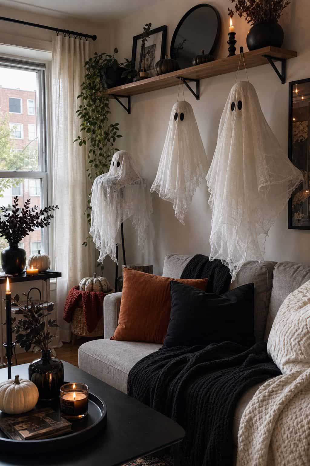 Drape Cheesecloth Spirits for DIY Drama small apartment idea for Top 20 Halloween Living Room Decor Ideas for Small Apartments.