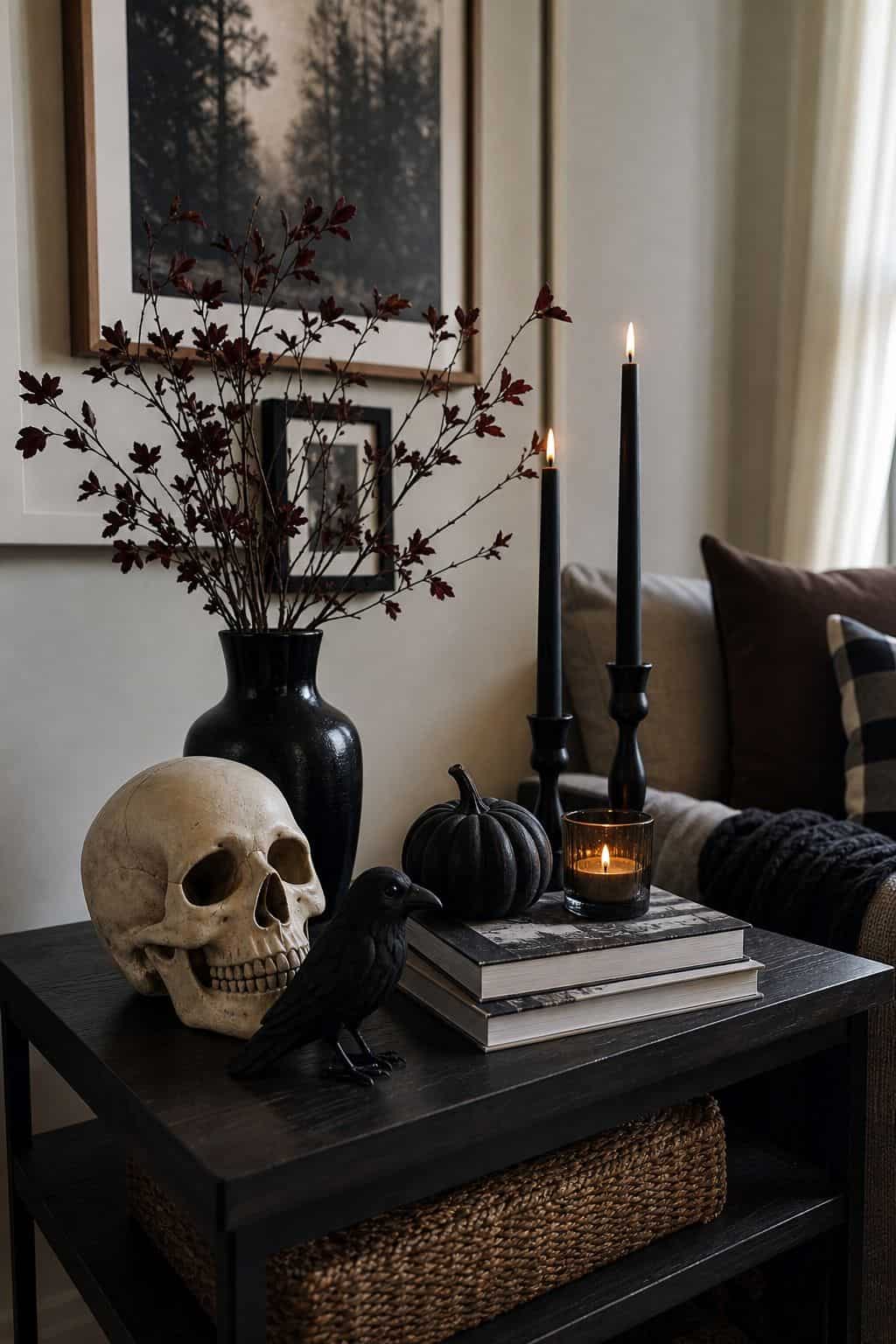Add Sculptural Skulls, Crows, and Objects small apartment idea for Top 20 Halloween Living Room Decor Ideas for Small Apartments.