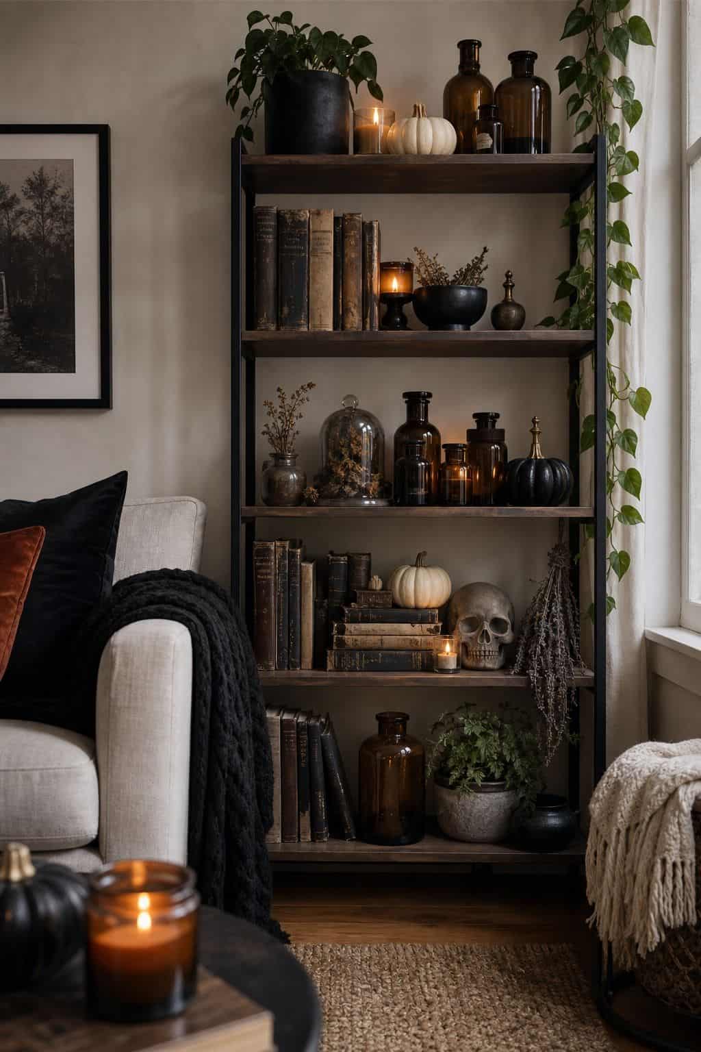 Style the Bookshelf With an Apothecary Look small apartment idea for Top 20 Halloween Living Room Decor Ideas for Small Apartments.
