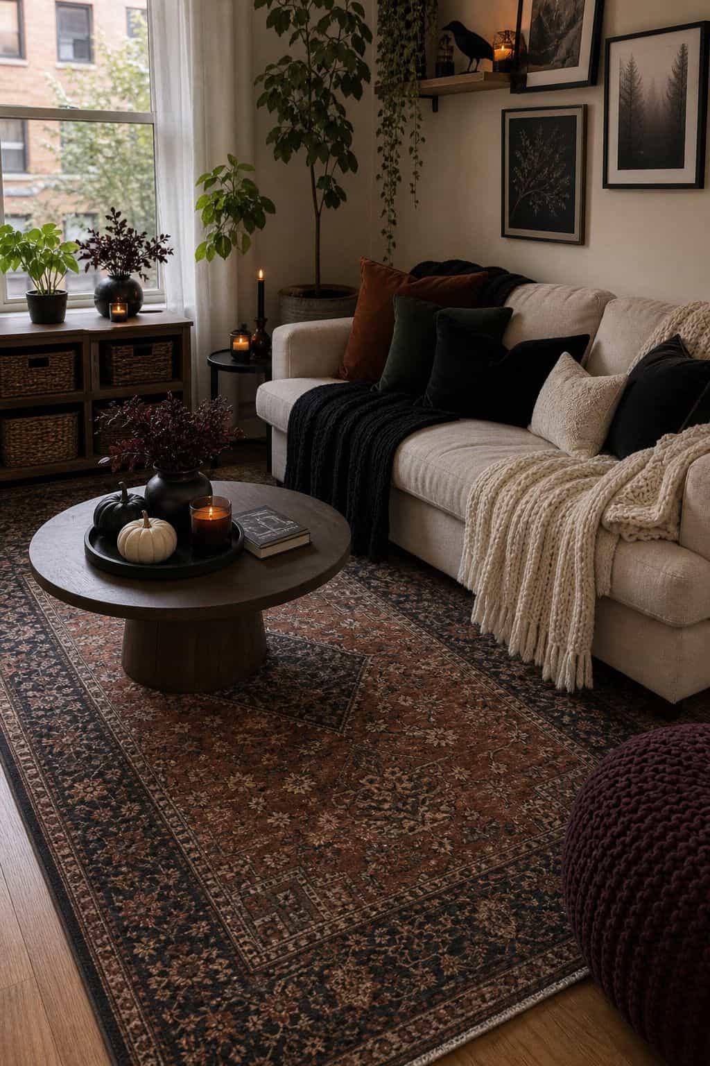 Add a Moody Area Rug small apartment idea for Top 20 Halloween Living Room Decor Ideas for Small Apartments.