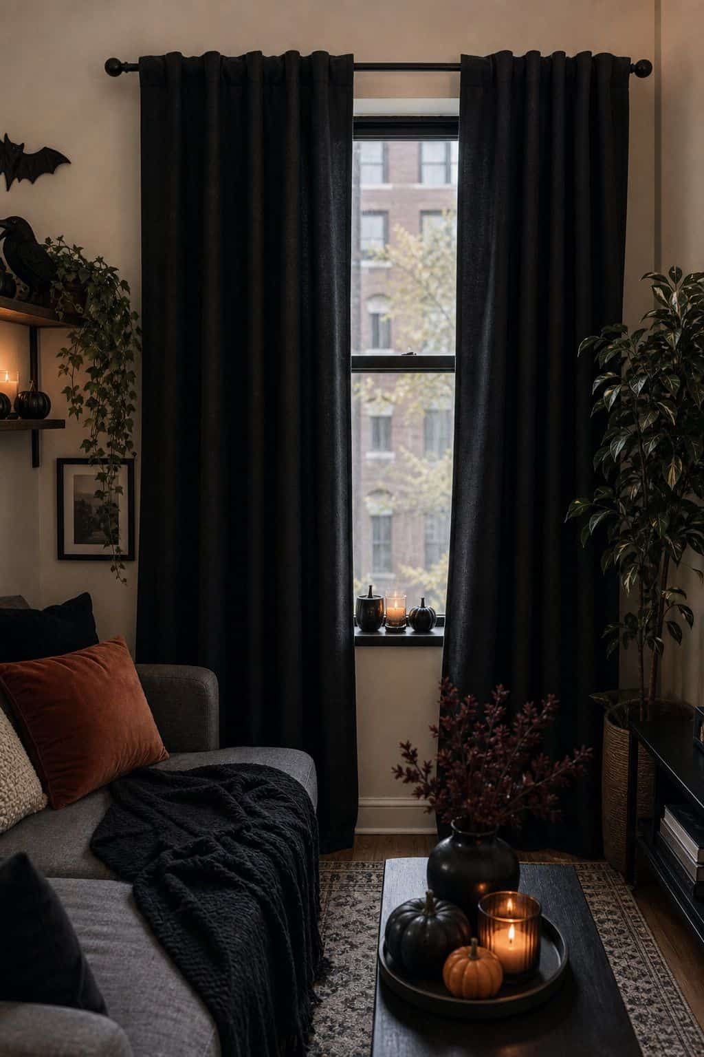 Dress the Windows With Dark Drapery small apartment idea for Top 20 Halloween Living Room Decor Ideas for Small Apartments.