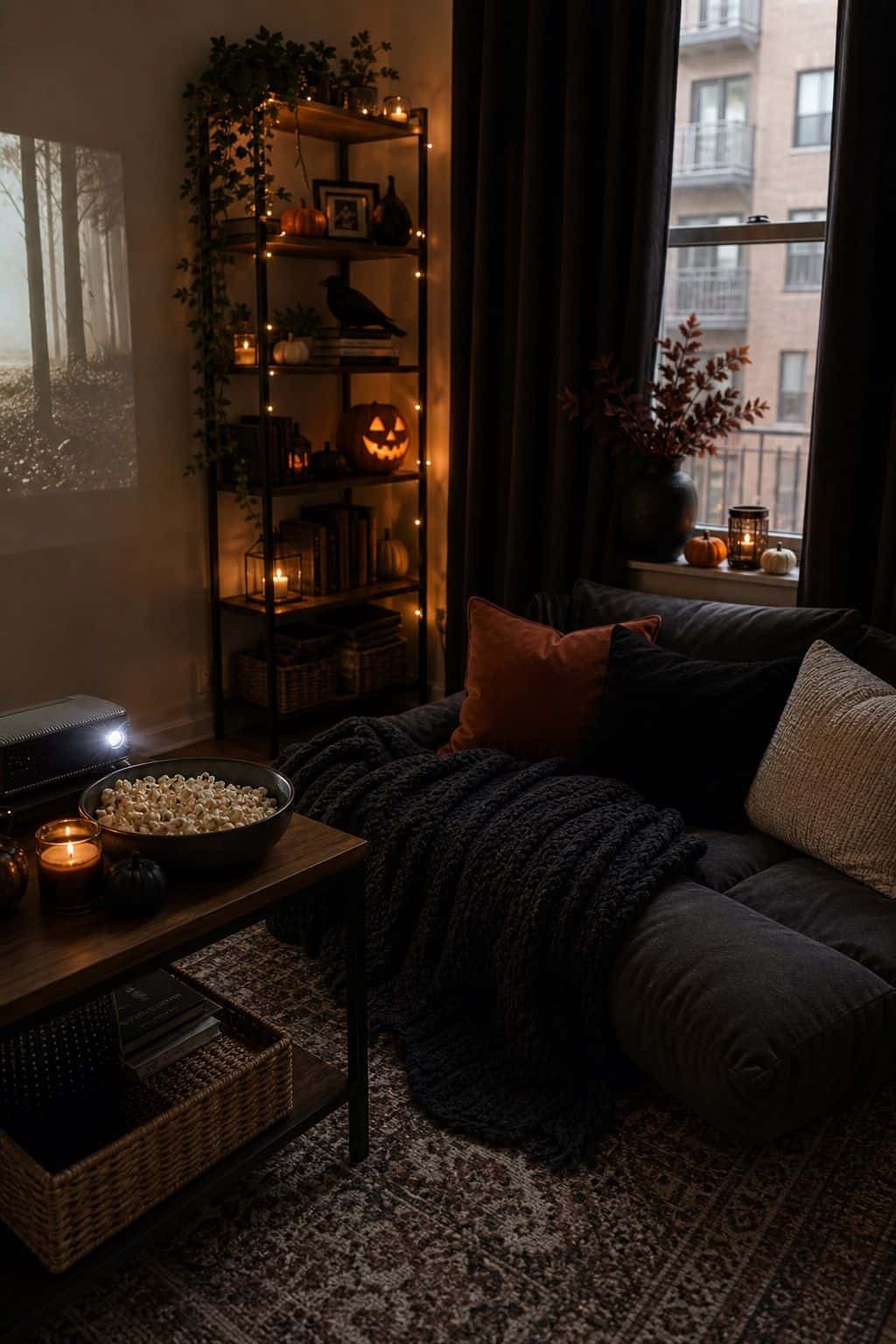 Create a Cozy Movie-Night Corner small apartment idea for Top 20 Halloween Living Room Decor Ideas for Small Apartments.