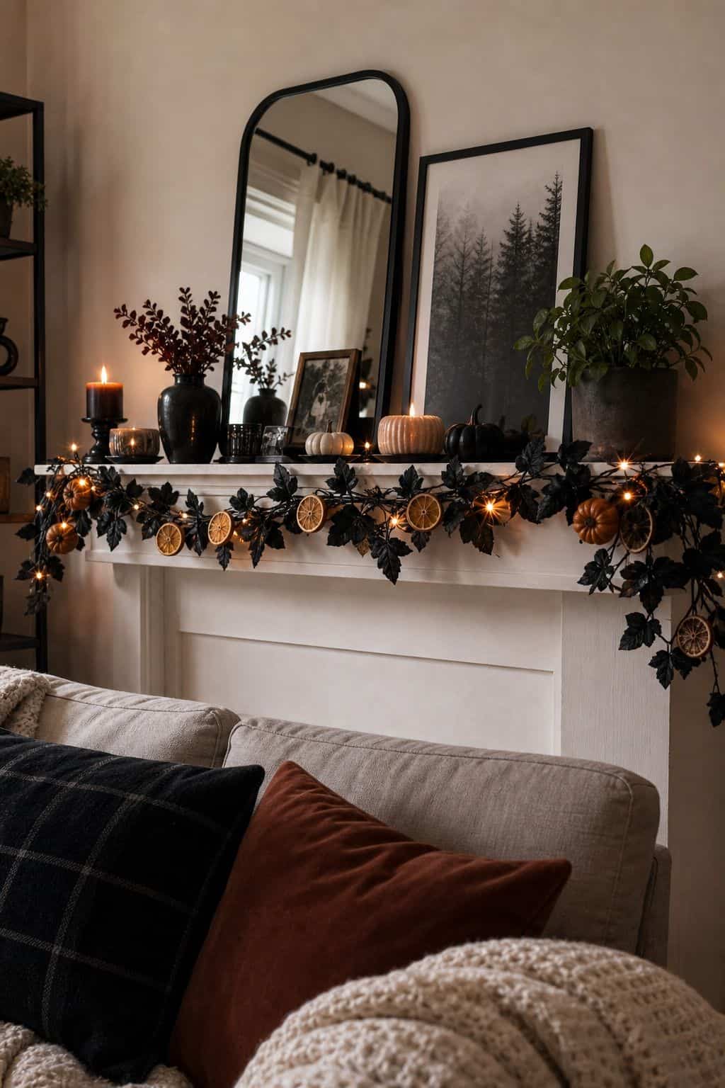 Add a Garland Along the Mantel or Shelves small apartment idea for Top 20 Halloween Living Room Decor Ideas for Small Apartments.