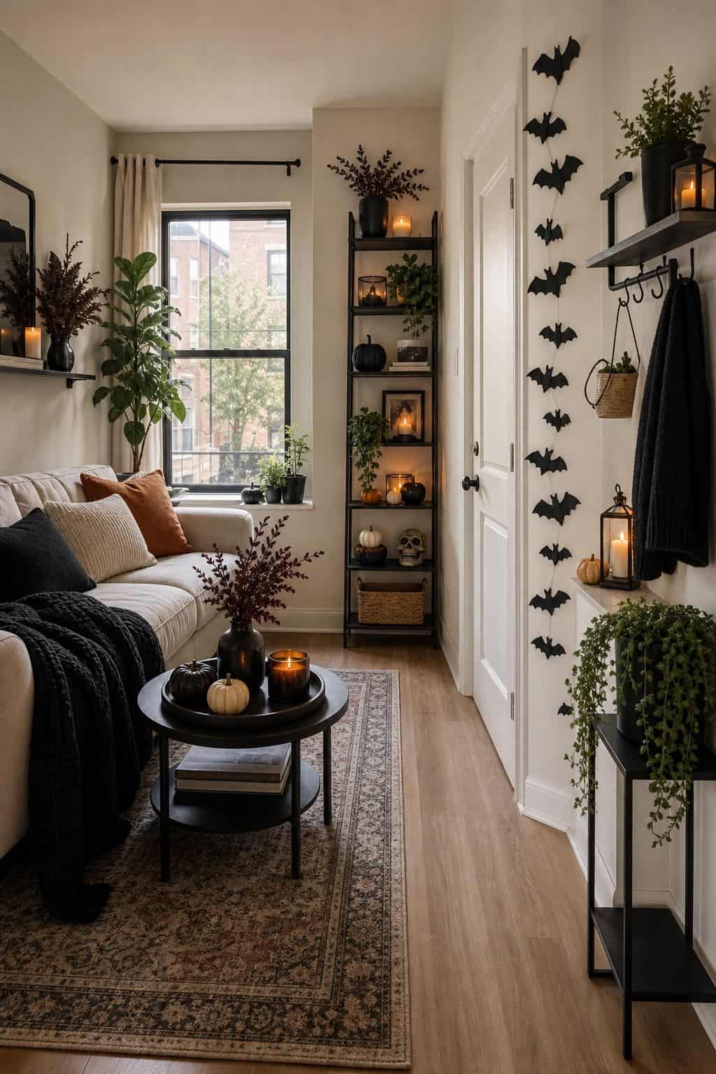 Decorate Vertically to Keep the Floor Open small apartment idea for Top 20 Halloween Living Room Decor Ideas for Small Apartments.
