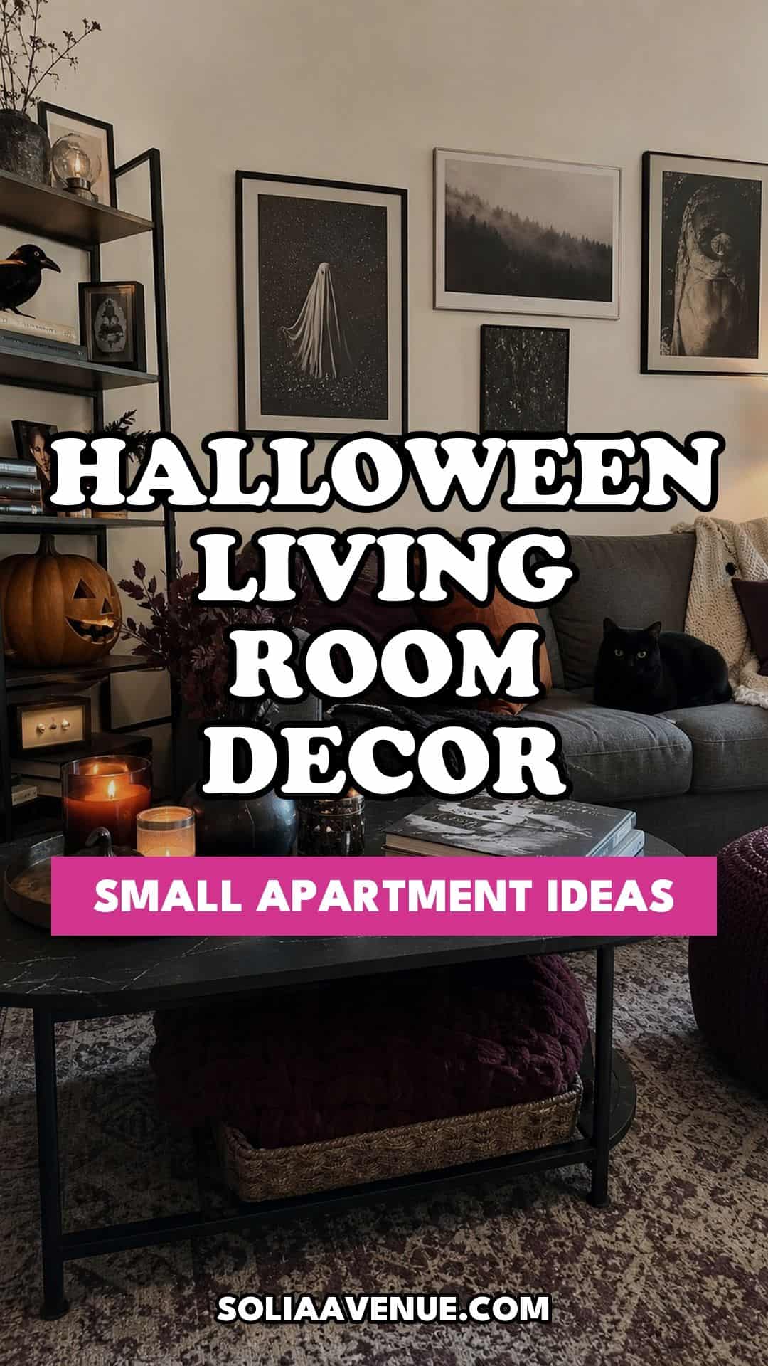 Pinterest pin for Top 20 Halloween Living Room Decor Ideas for Small Apartments from Solia Avenue.