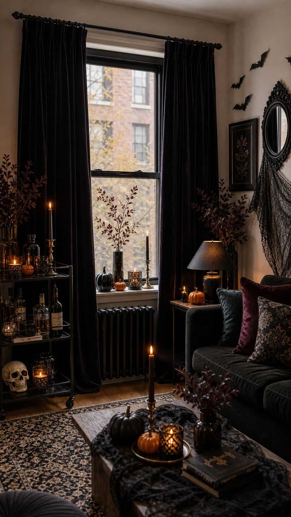 Hang Velvet Drapes for Atmosphere small apartment idea for Top 21 Halloween Party Decor Ideas for Small Apartments.