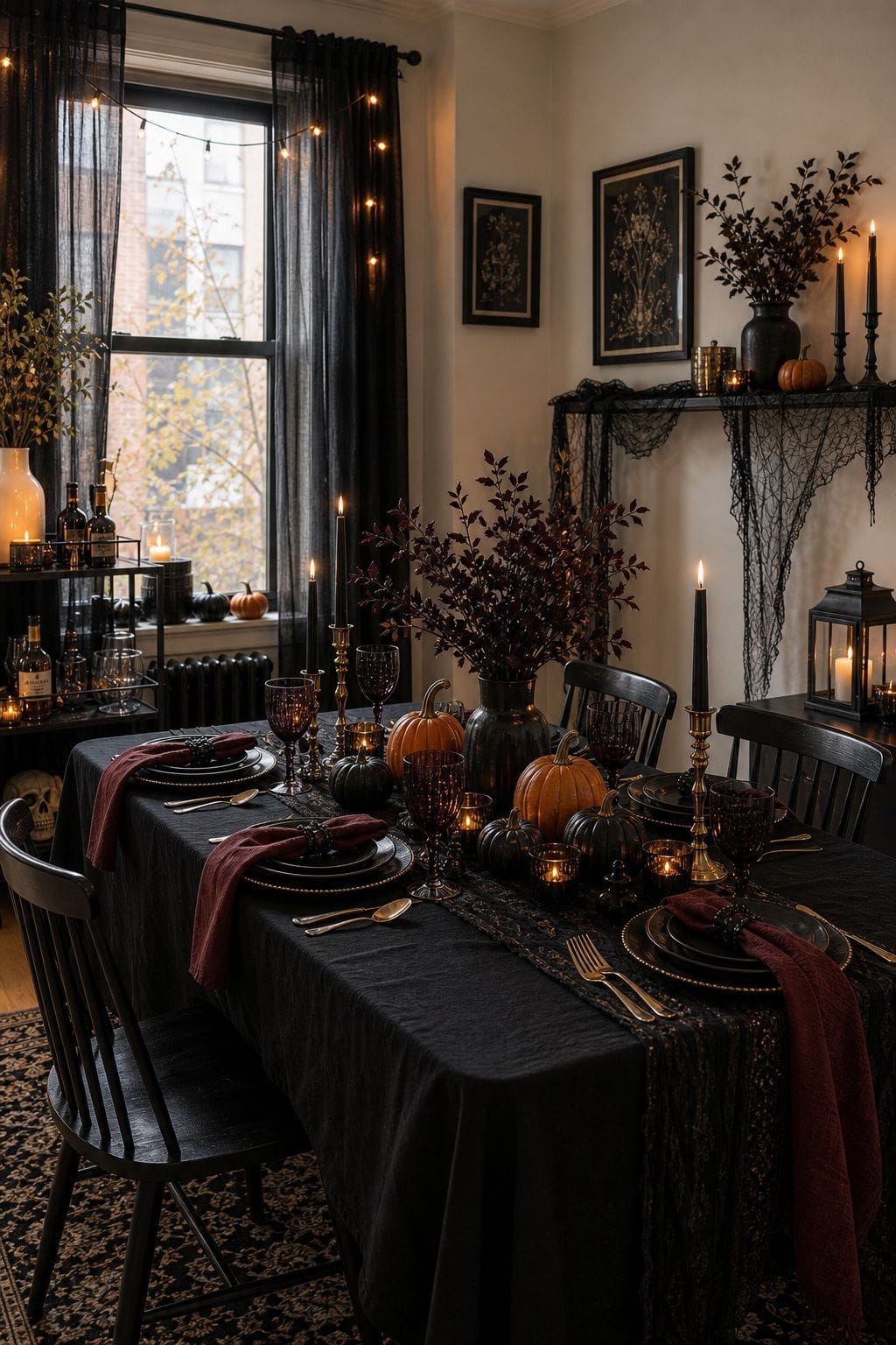Set a Dramatic Party Table small apartment idea for Top 21 Halloween Party Decor Ideas for Small Apartments.