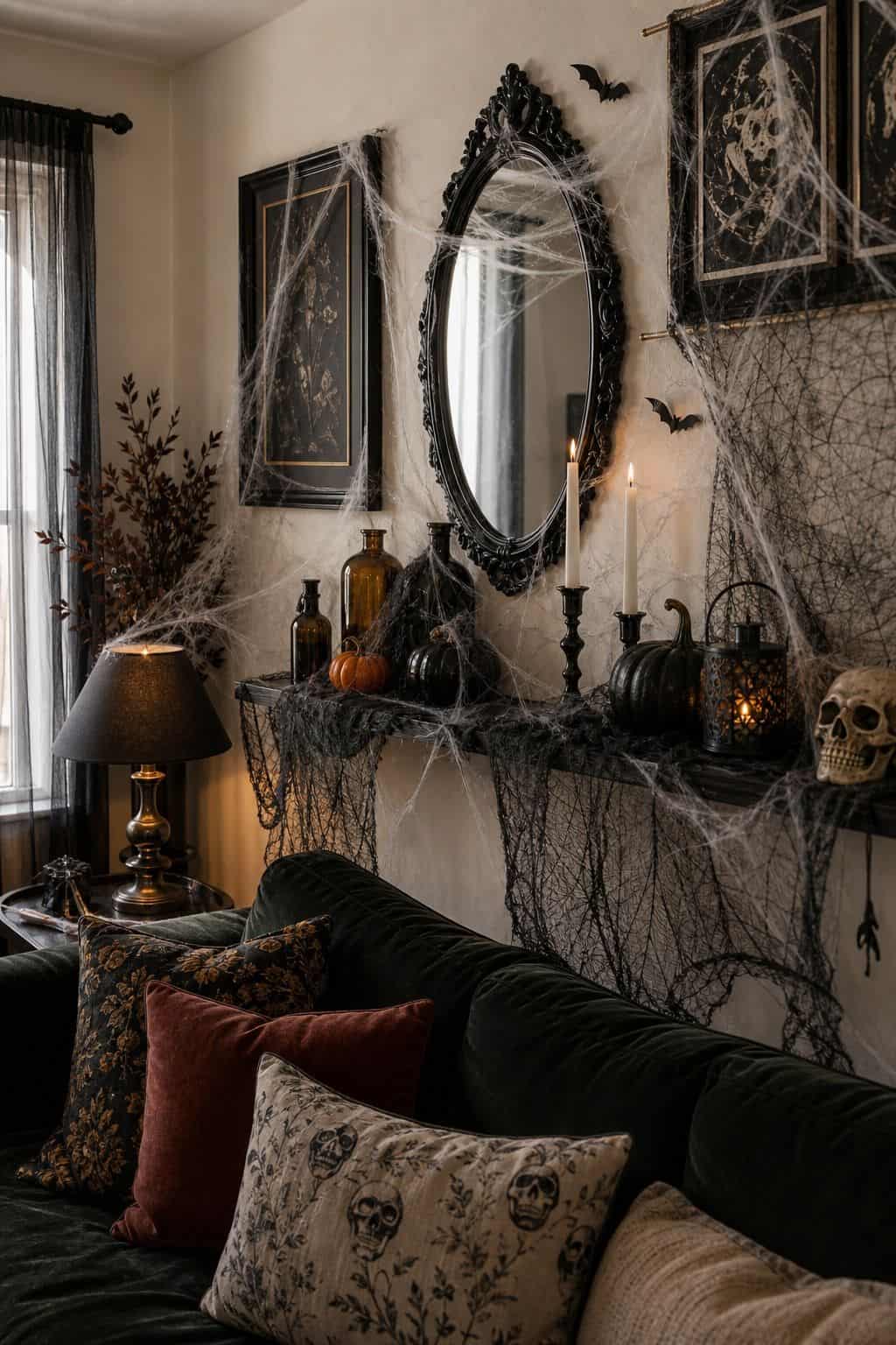 Drape Cobwebs and Add Spooky Texture small apartment idea for Top 21 Halloween Party Decor Ideas for Small Apartments.