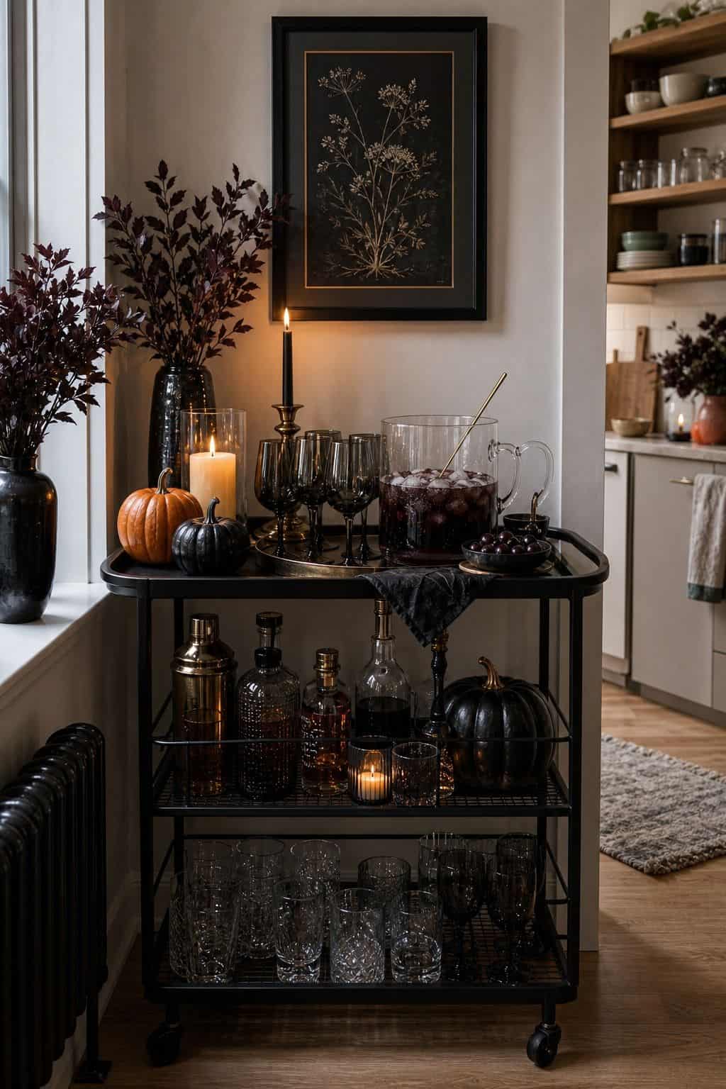 Style a Spooky Bar or Drink Station small apartment idea for Top 21 Halloween Party Decor Ideas for Small Apartments.