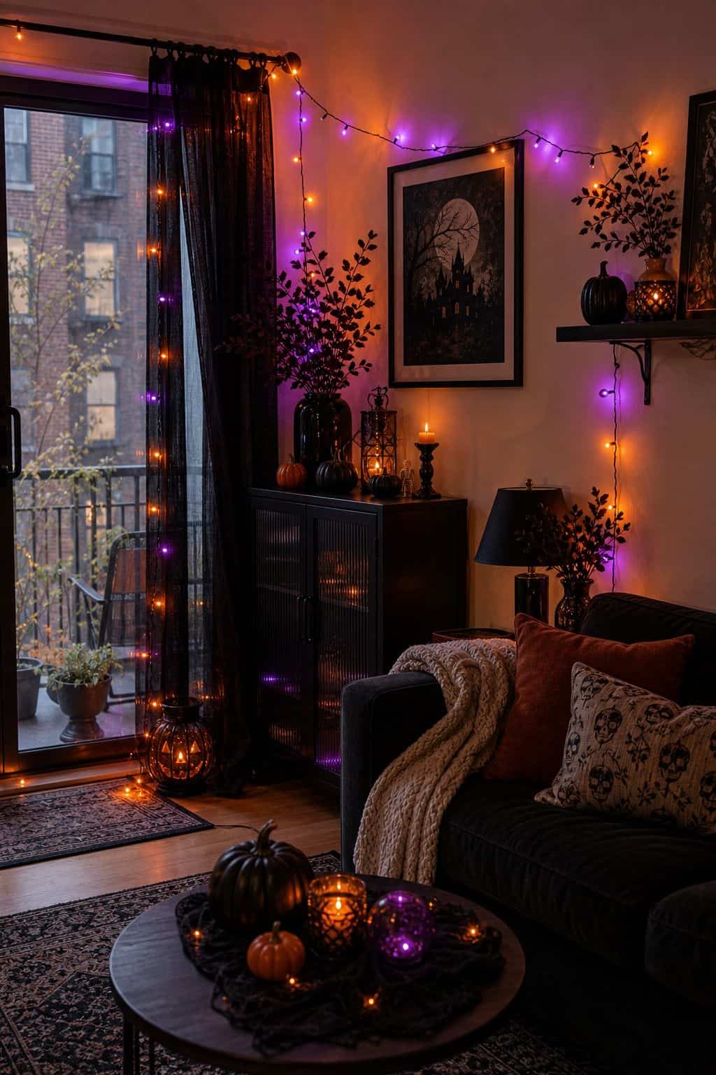 Use Colored and String Lighting small apartment idea for Top 21 Halloween Party Decor Ideas for Small Apartments.