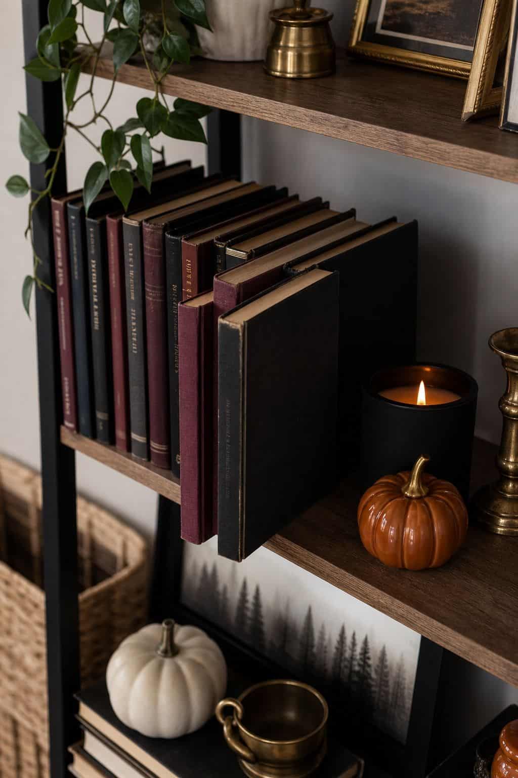 Pull Out Books With Black, Burgundy, or Deep Spines small apartment idea for Top 16 Halloween Shelf Decor Ideas for Small Apartments.