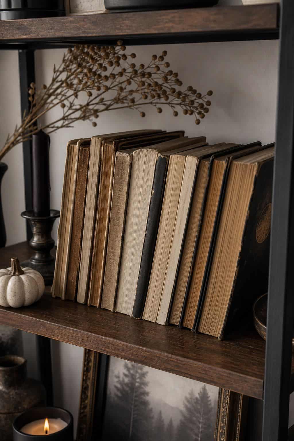 Add Vintage Books With Aged Pages on Edge small apartment idea for Top 16 Halloween Shelf Decor Ideas for Small Apartments.