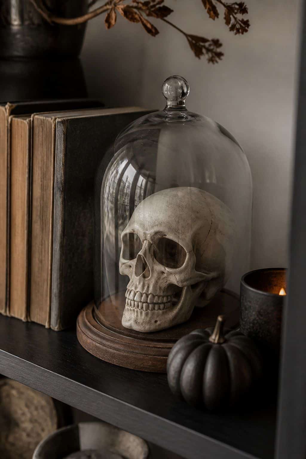 Set a Ceramic Skull Inside a Glass Cloche small apartment idea for Top 16 Halloween Shelf Decor Ideas for Small Apartments.