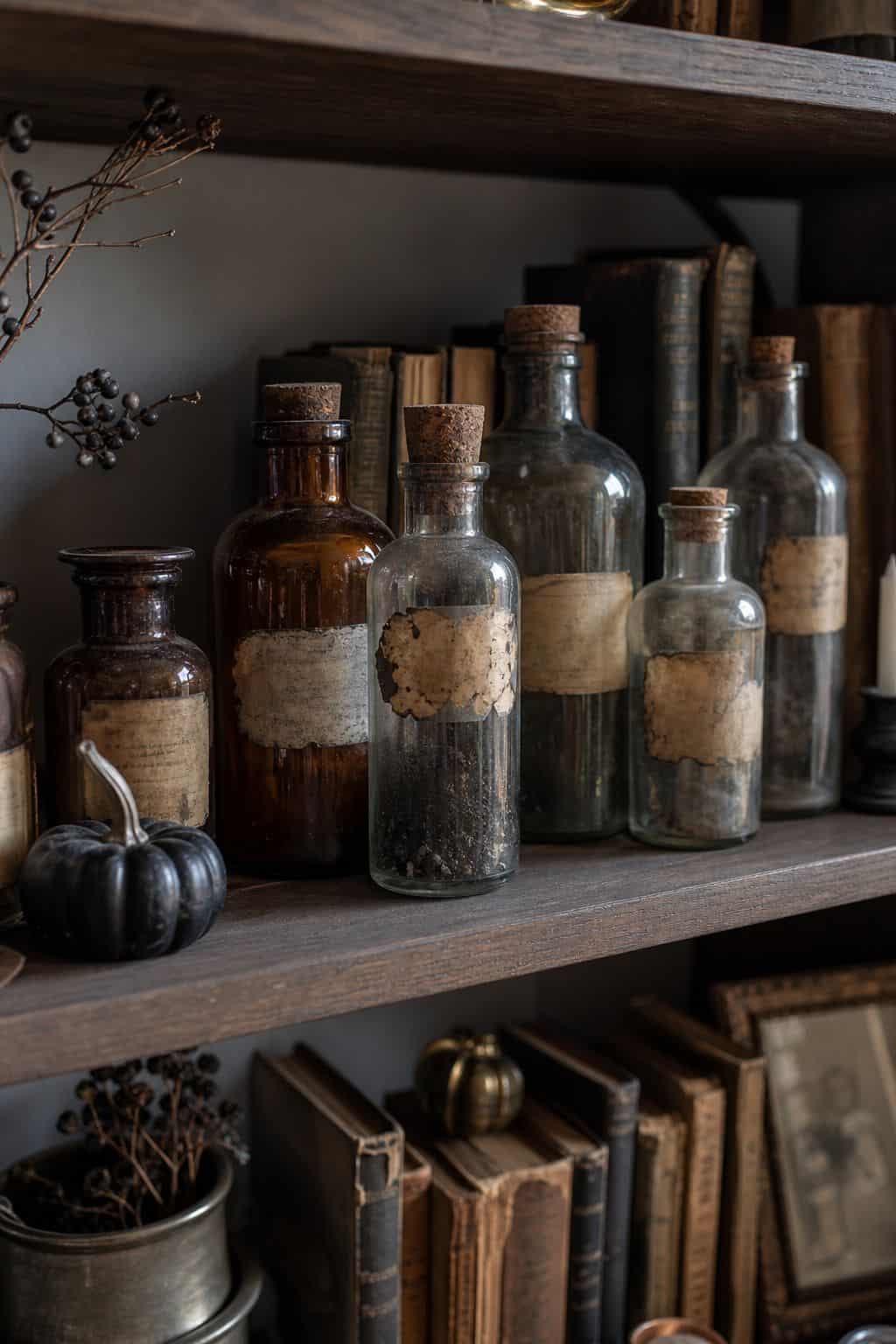 Line Up Vintage Apothecary Bottles With Hand-Lettered Labels small apartment idea for Top 16 Halloween Shelf Decor Ideas for Small Apartments.