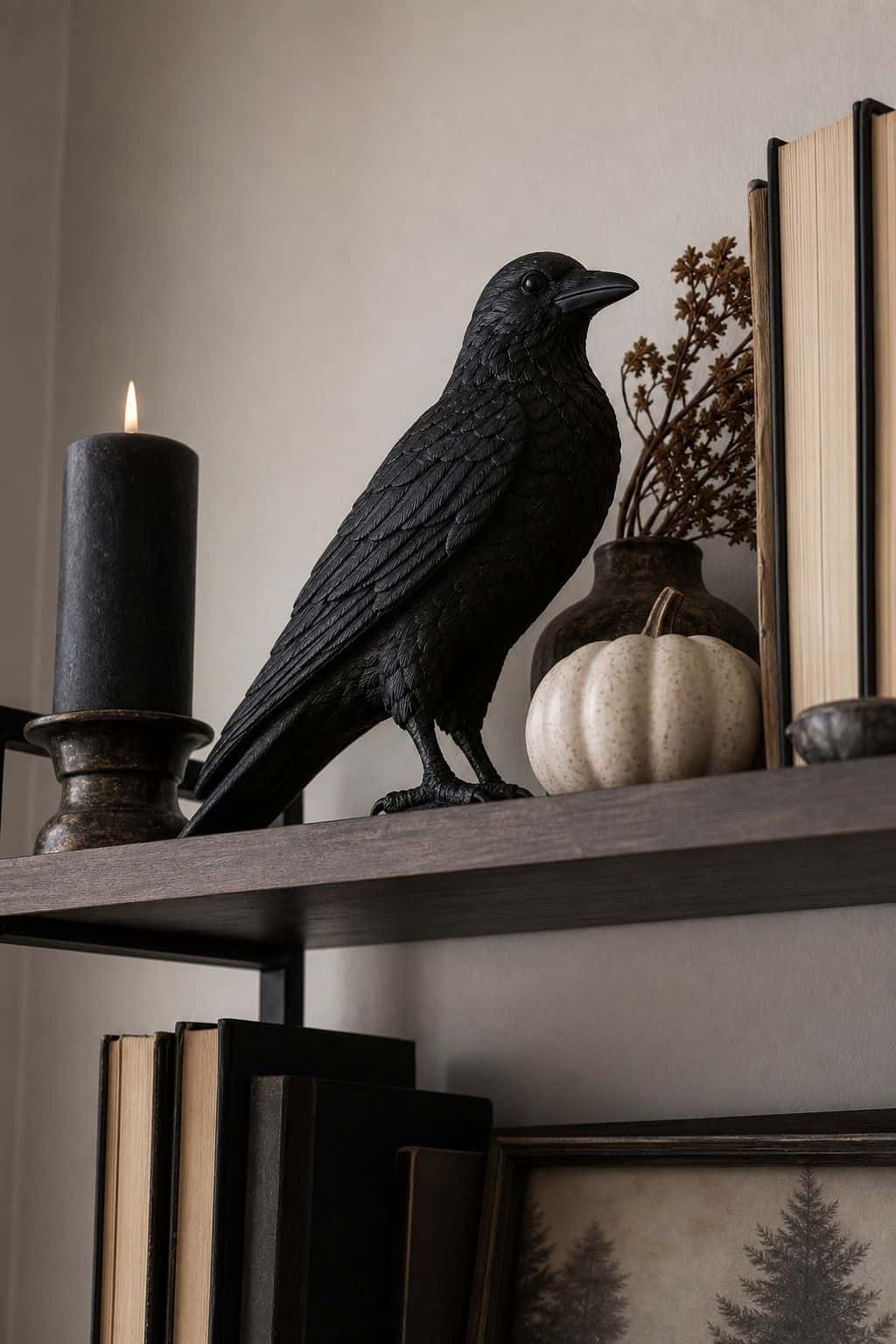 Place a Black Raven on the Top Shelf small apartment idea for Top 16 Halloween Shelf Decor Ideas for Small Apartments.