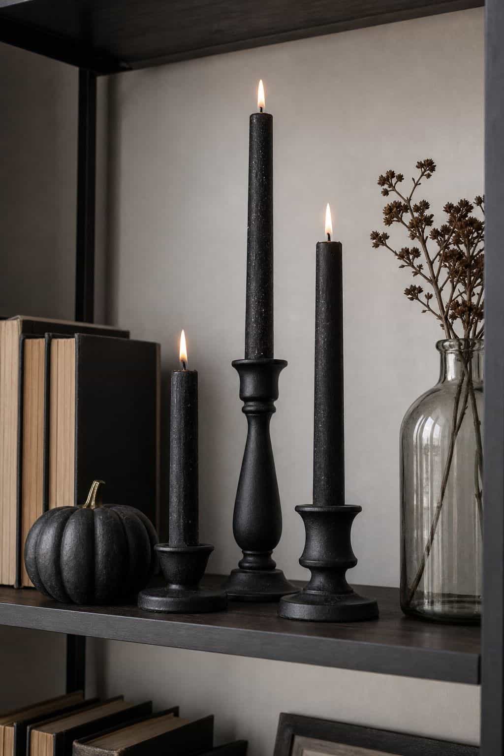 Add Black Taper Candles at Three Heights small apartment idea for Top 16 Halloween Shelf Decor Ideas for Small Apartments.