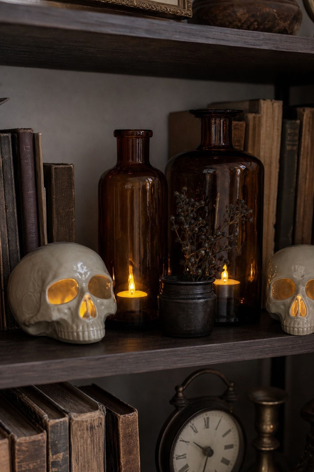 Drop Battery Tea Lights Inside Skulls or Behind Bottles small apartment idea for Top 16 Halloween Shelf Decor Ideas for Small Apartments.