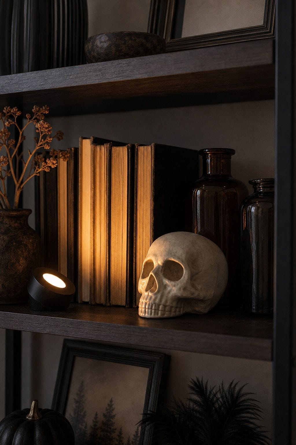 Use a Single Battery Spotlight for Drama small apartment idea for Top 16 Halloween Shelf Decor Ideas for Small Apartments.