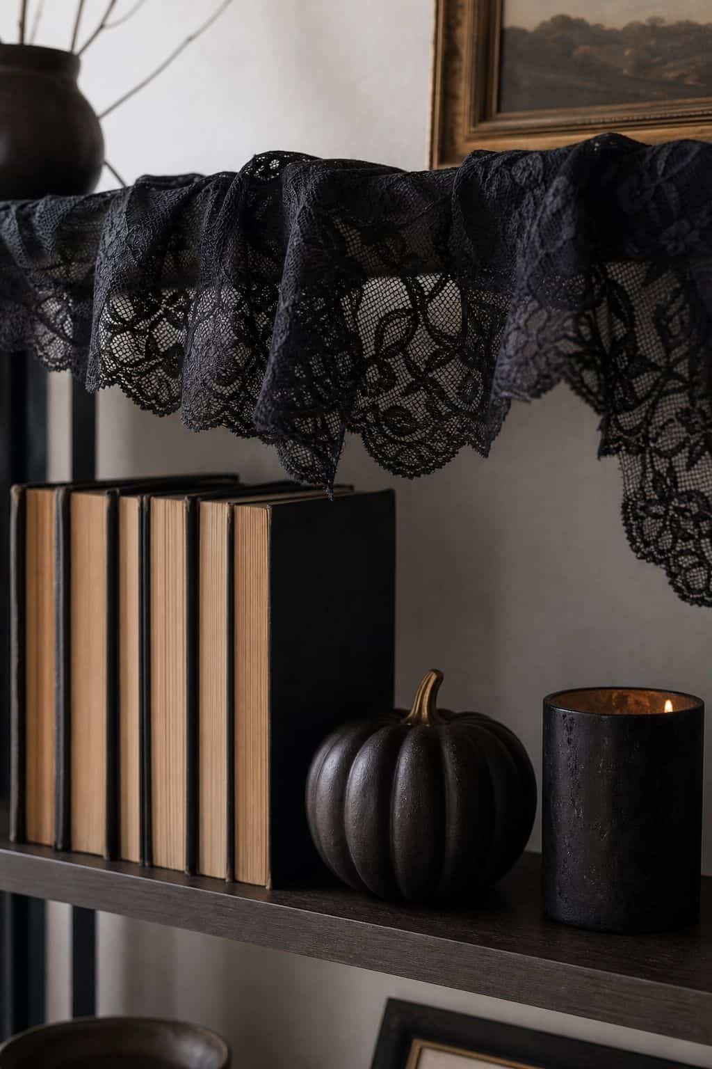 Drape Black Lace Over the Top Edge small apartment idea for Top 16 Halloween Shelf Decor Ideas for Small Apartments.