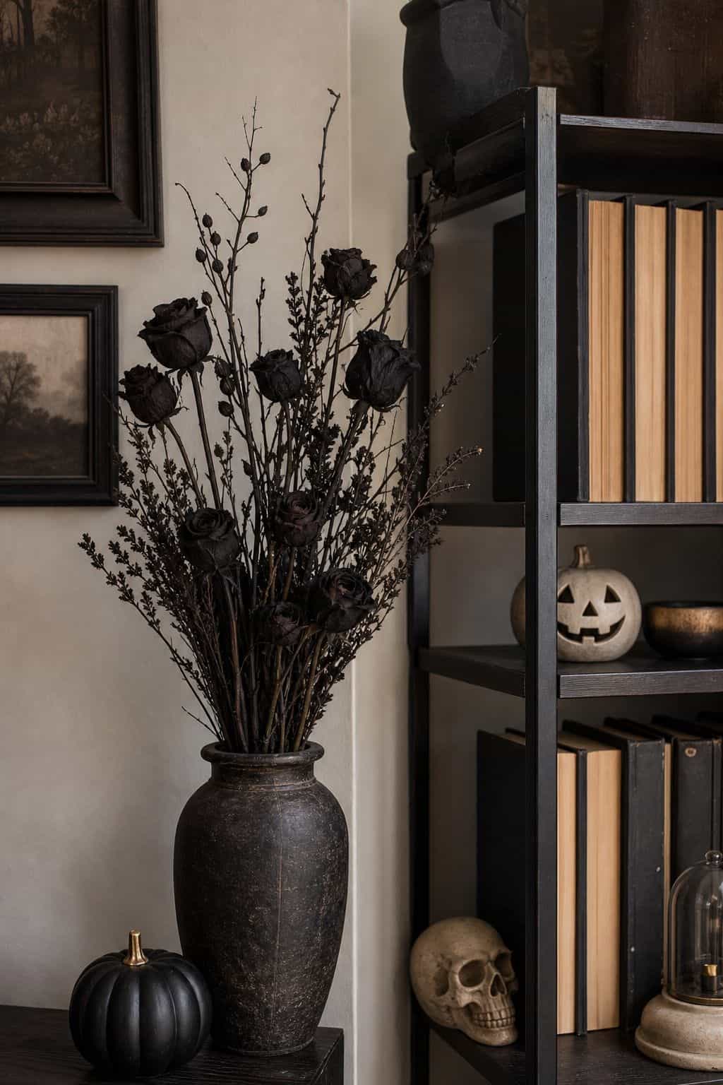 Add Dried Black Roses or Black Branches in a Tall Vase small apartment idea for Top 16 Halloween Shelf Decor Ideas for Small Apartments.