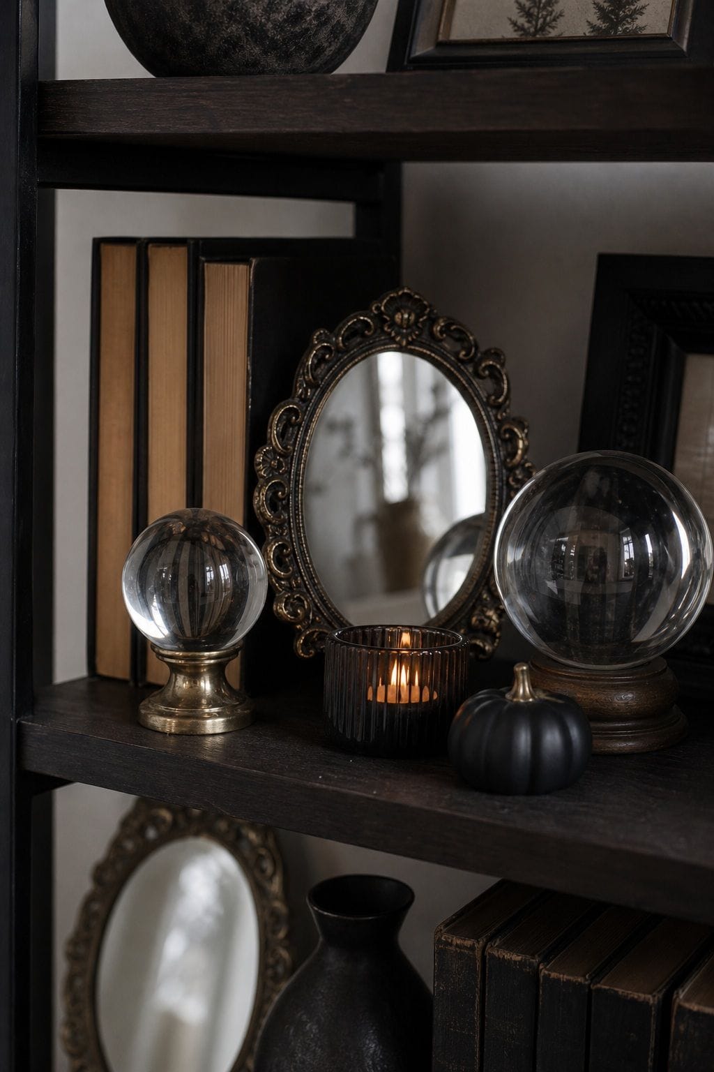 Tuck in Crystal Balls or Vintage Mirrors small apartment idea for Top 16 Halloween Shelf Decor Ideas for Small Apartments.