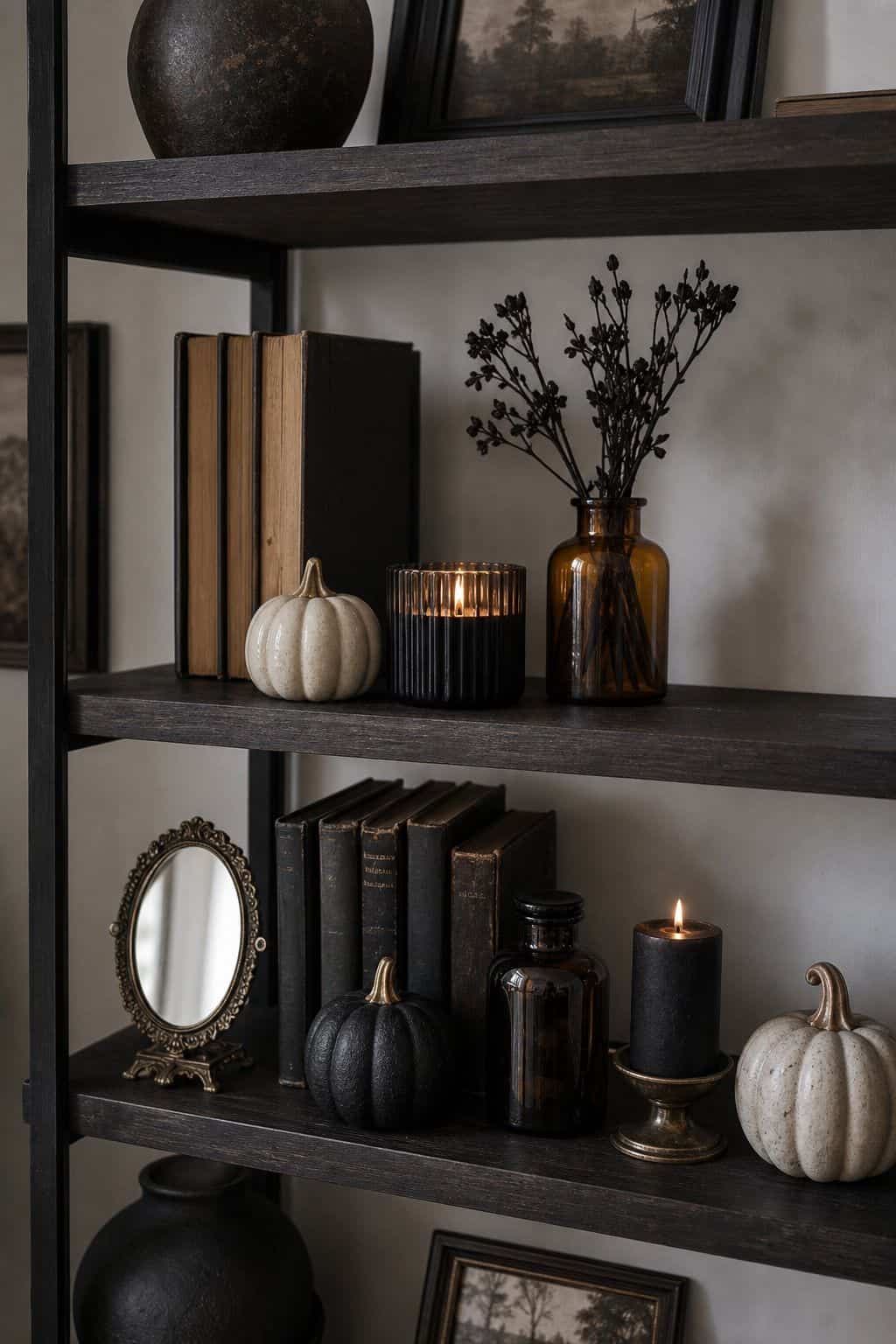 Group Items in Threes or Fives small apartment idea for Top 16 Halloween Shelf Decor Ideas for Small Apartments.
